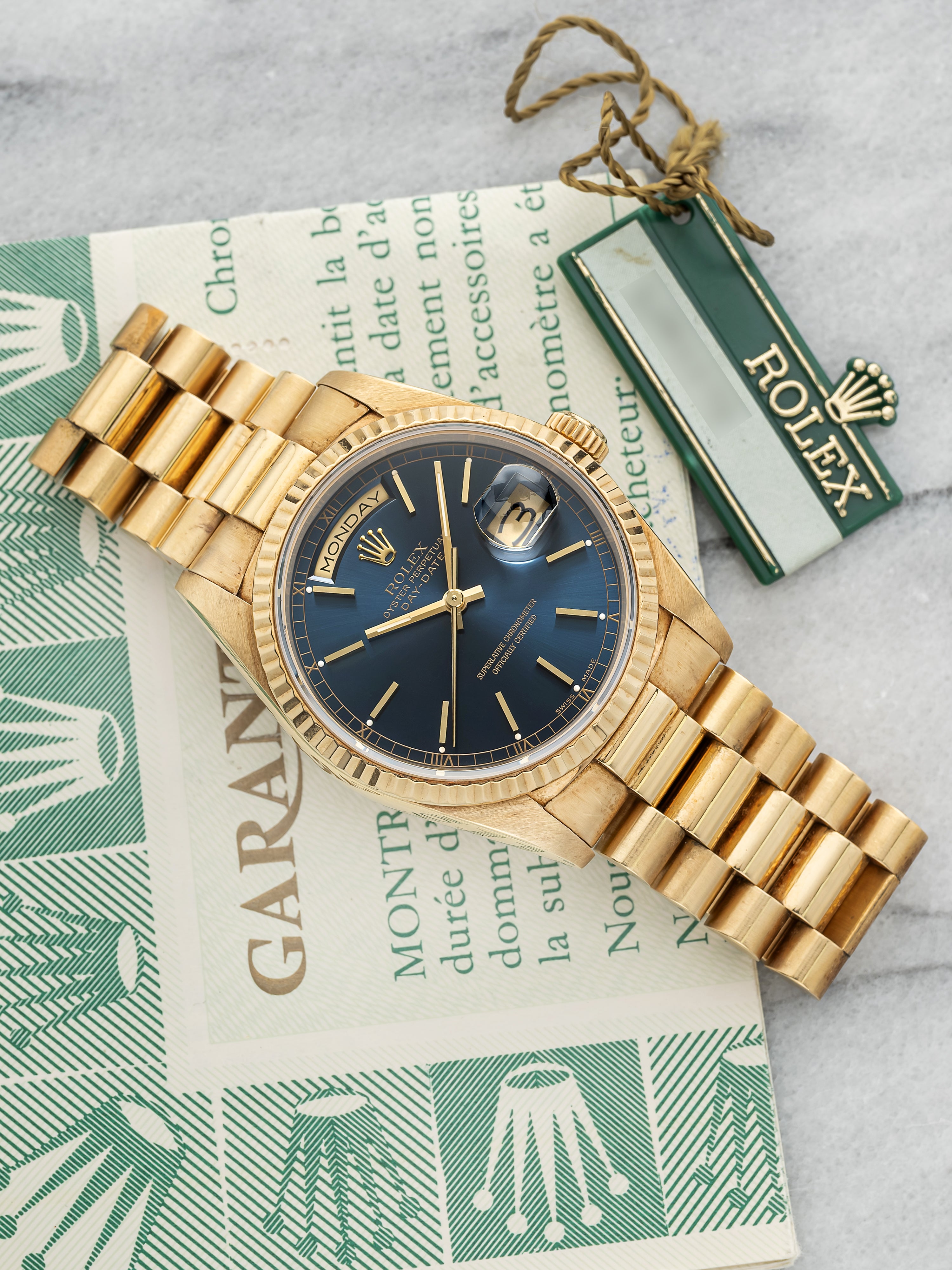 Vintage 1989 Rolex Day-Date 18238 18K Yellow Gold Blue Sunburst Dial Auto 36mm