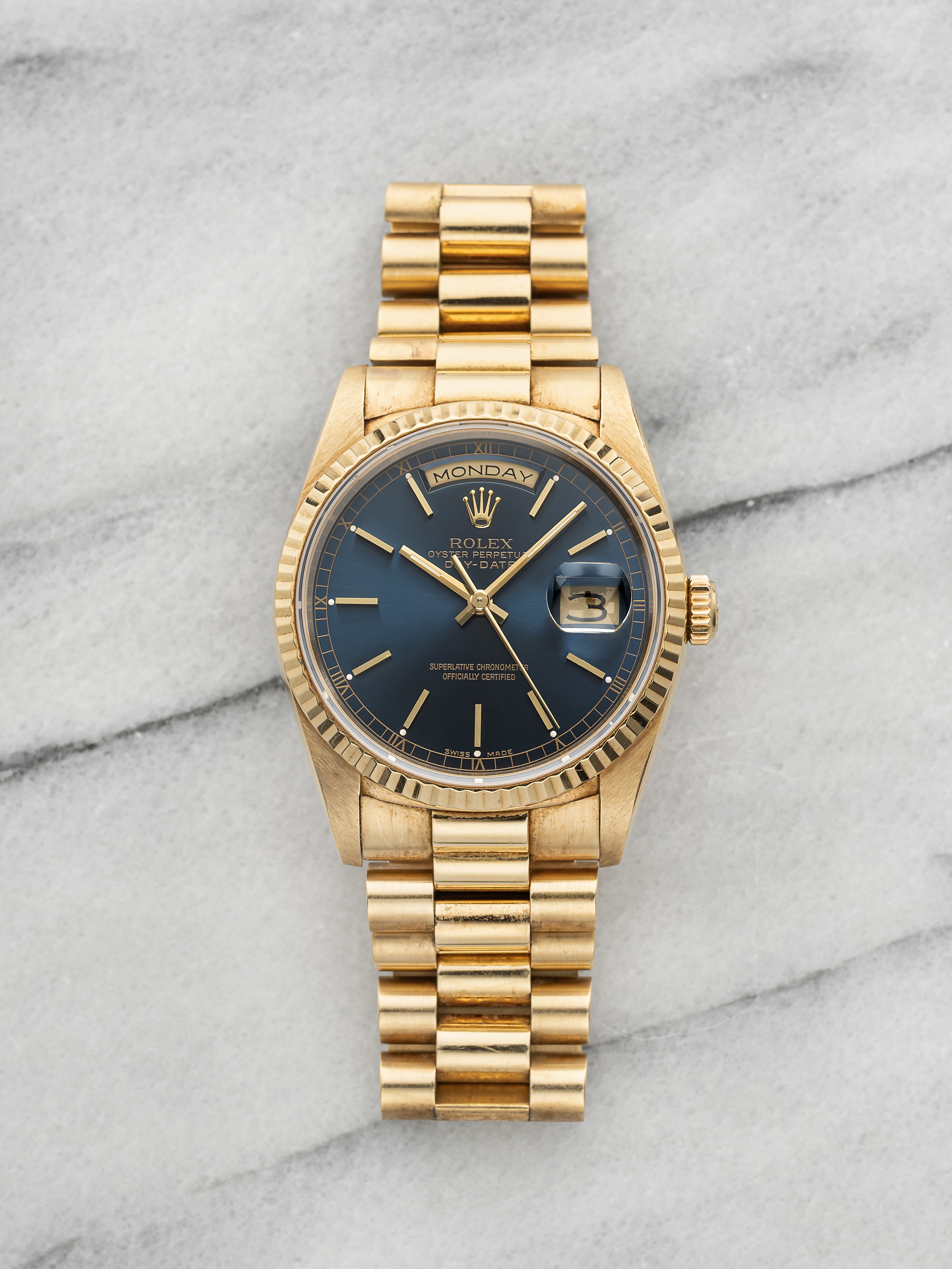 Vintage 1989 Rolex Day-Date 18238 18K Yellow Gold Blue Sunburst Dial Auto 36mm