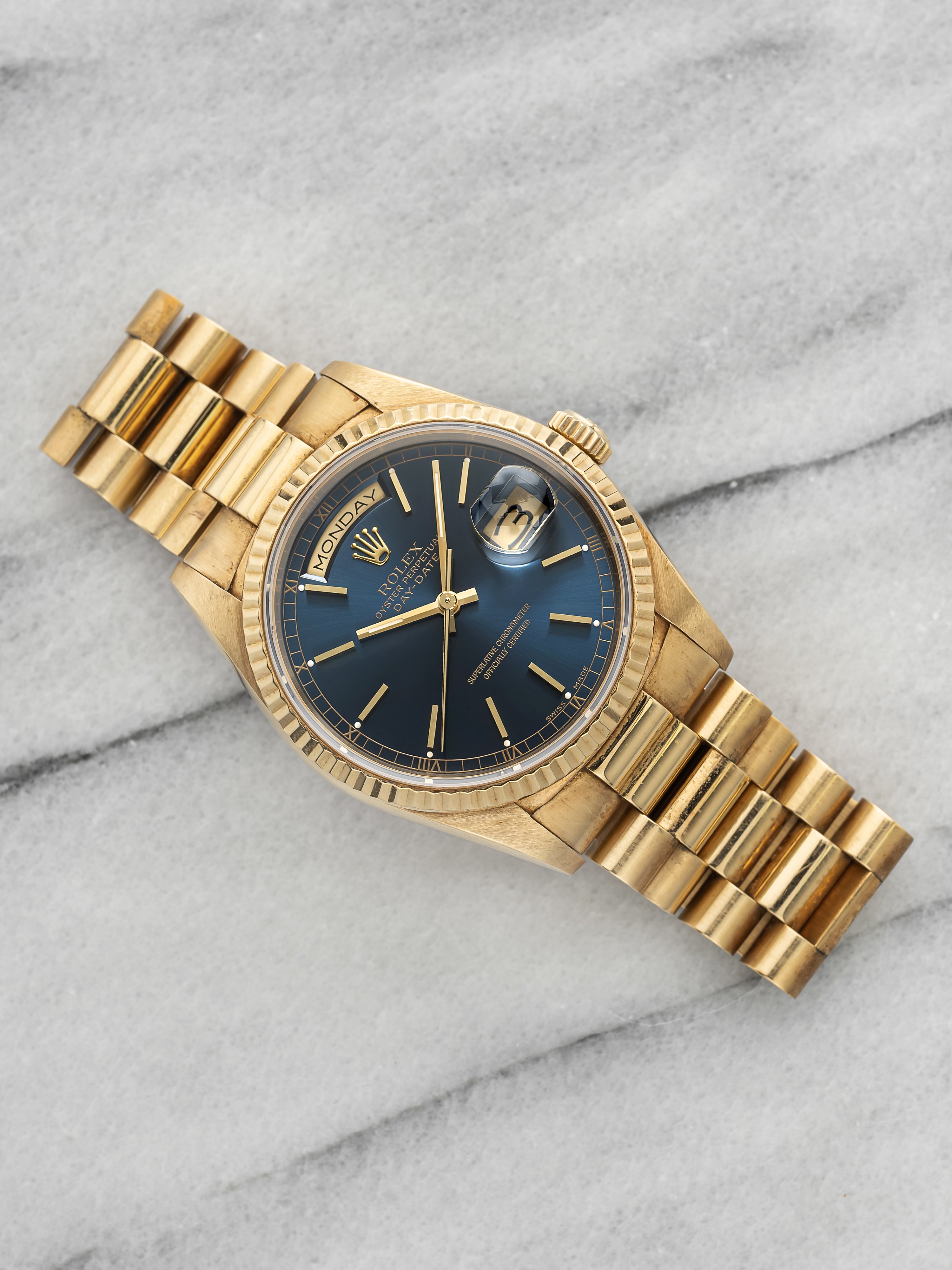 Vintage 1989 Rolex Day-Date 18238 18K Yellow Gold Blue Sunburst Dial Auto 36mm
