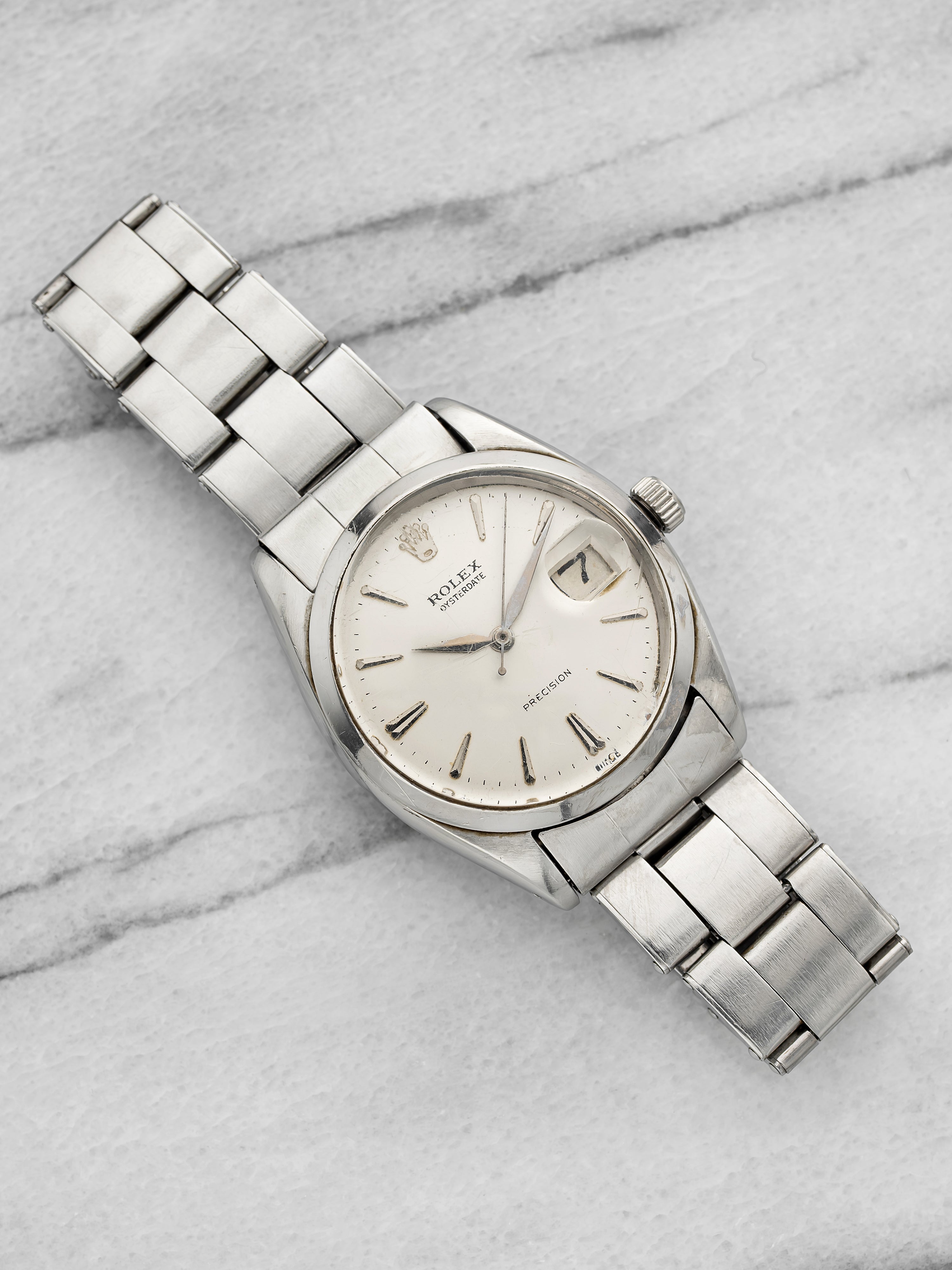 Vintage 1960s Rolex Oysterdate Precision 6694 Steel Silver Dial Manual 34mm