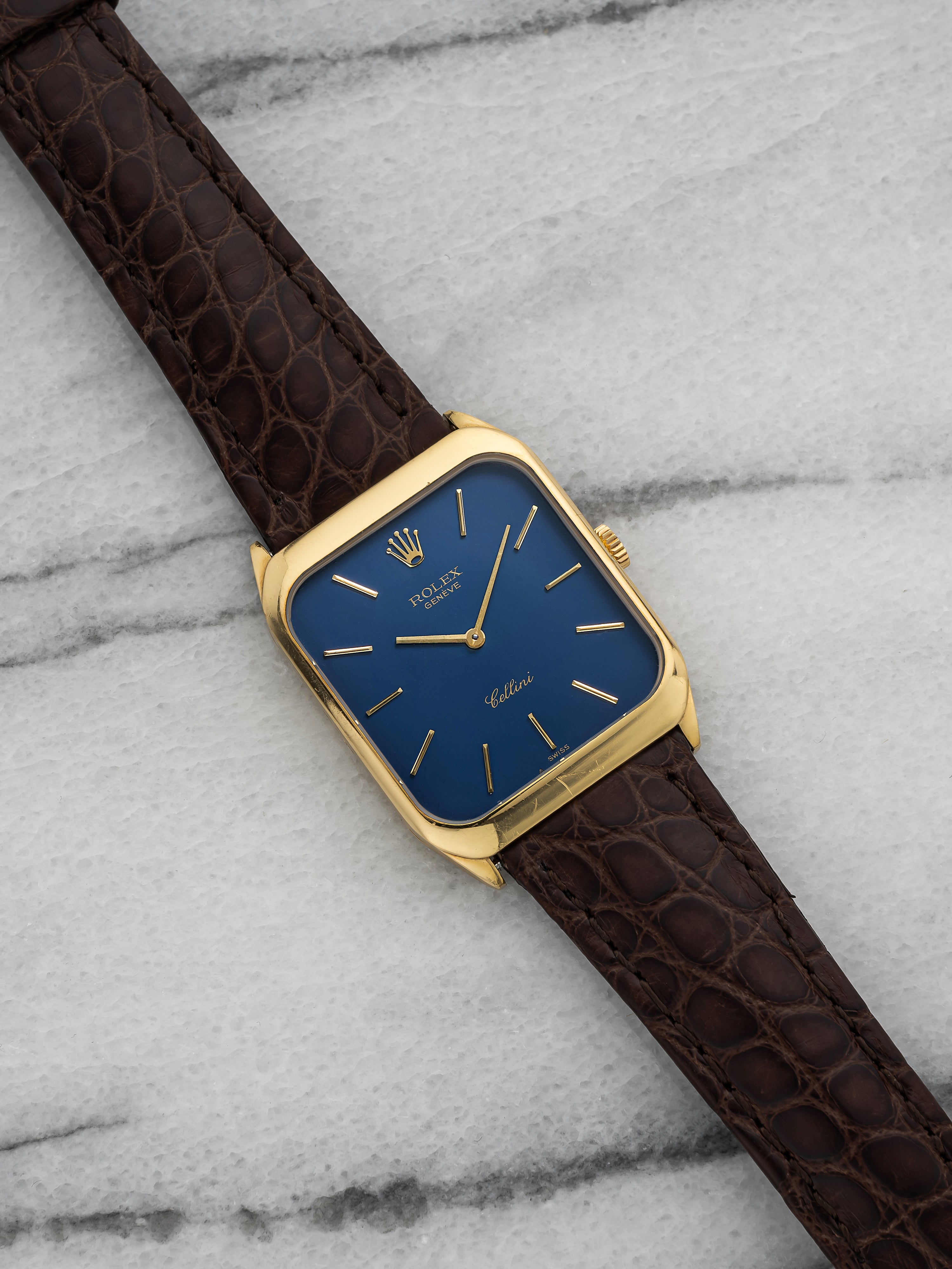 Vintage 1976 Rolex Cellini 4135 18K Yellow Gold Matte Blue Dial Manual 27mm