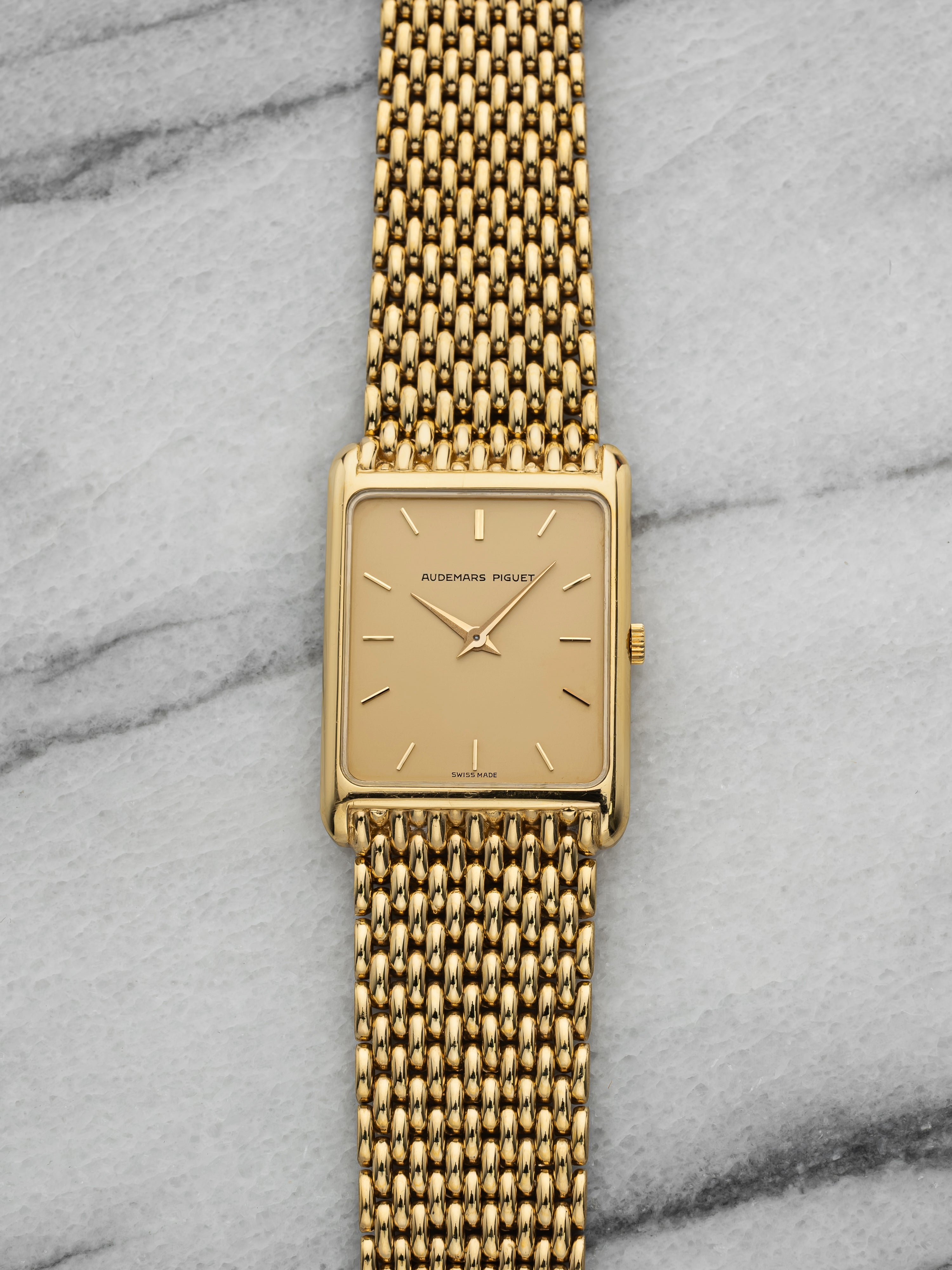 Vintage 1970s Audemars Piguet Tank 18K Yellow Gold Champagne Dial Quartz 28 mm