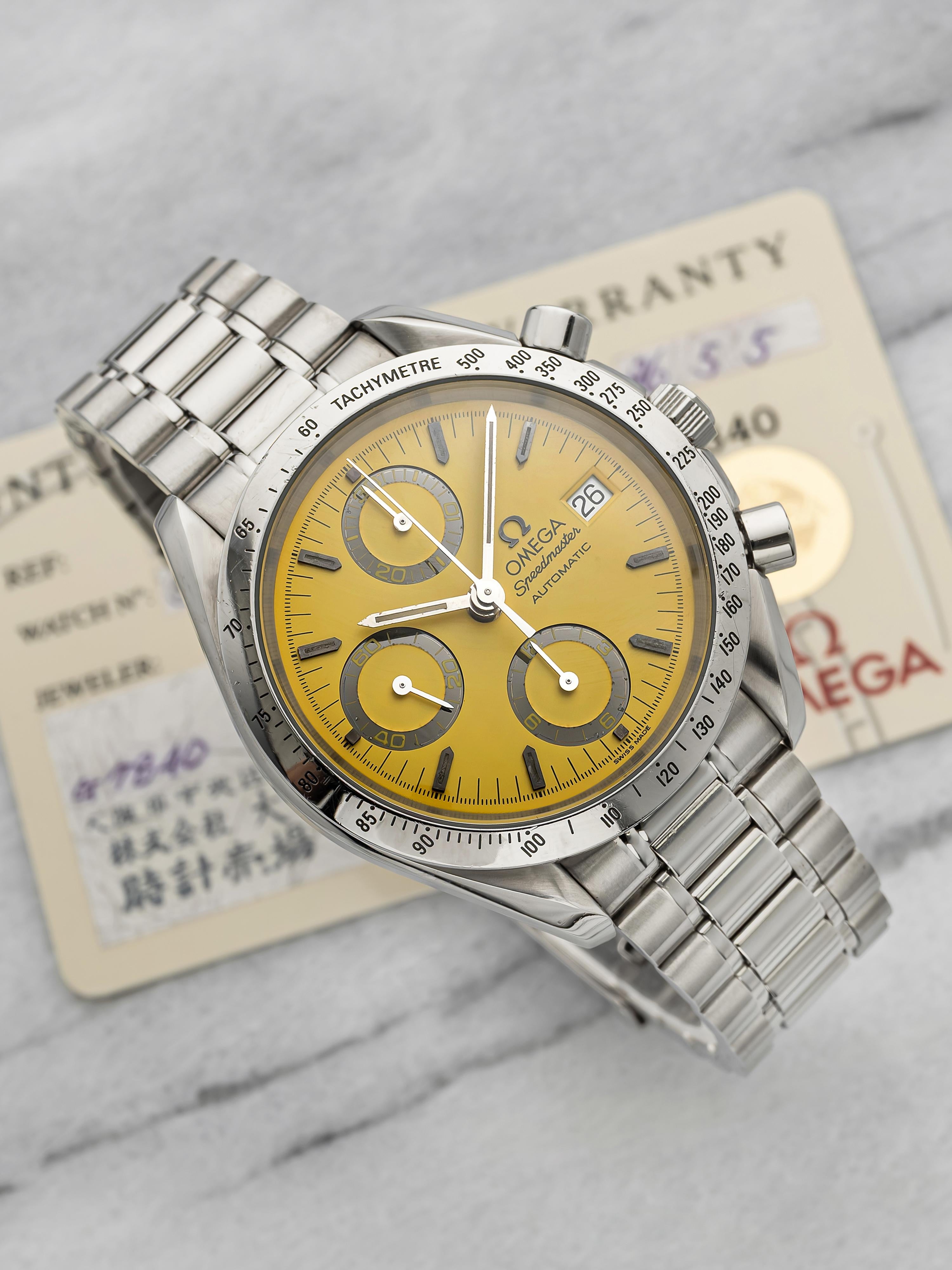 Vintage 1996 Omega Speedmaster 3511.12.00 Stainless Steel Yellow Dial Auto 39mm