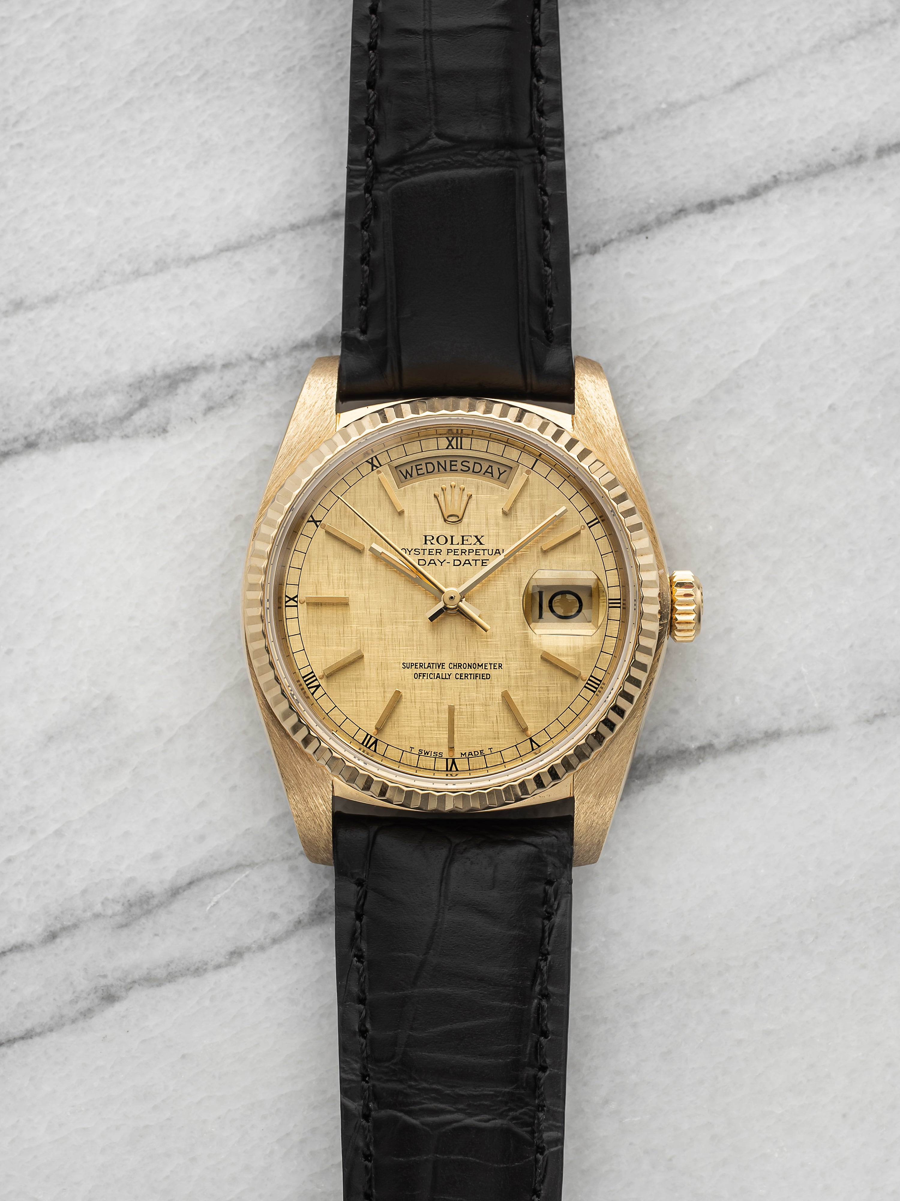 Vintage 1984 Rolex Day-Date 18038 18K YG Champagne Linen Dial Auto 36mm