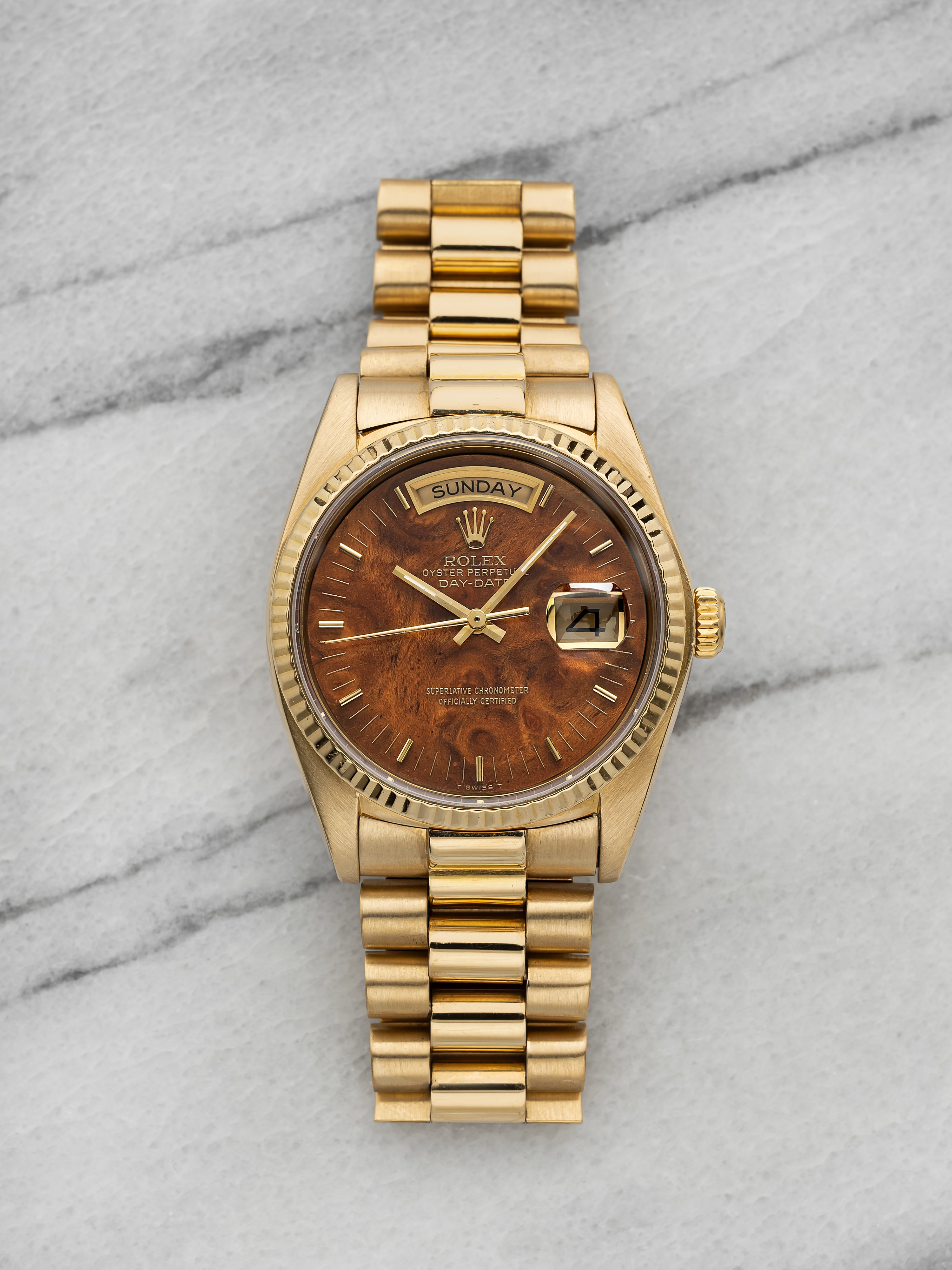 Vintage 1980 Rolex Day-Date 18038 18K Yellow Gold Wood Dial Automatic 36mm