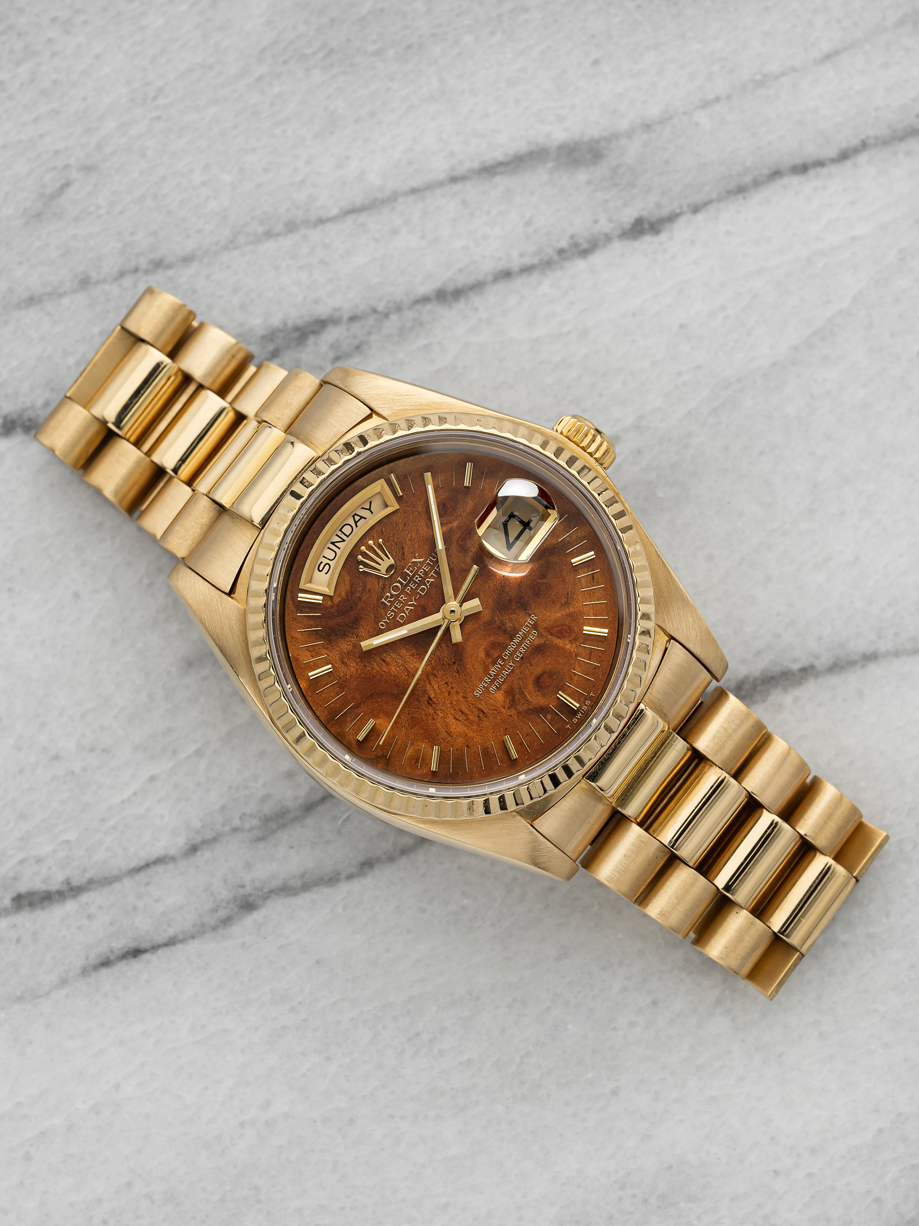 Vintage 1980 Rolex Day-Date 18038 18K Yellow Gold Wood Dial Automatic 36mm