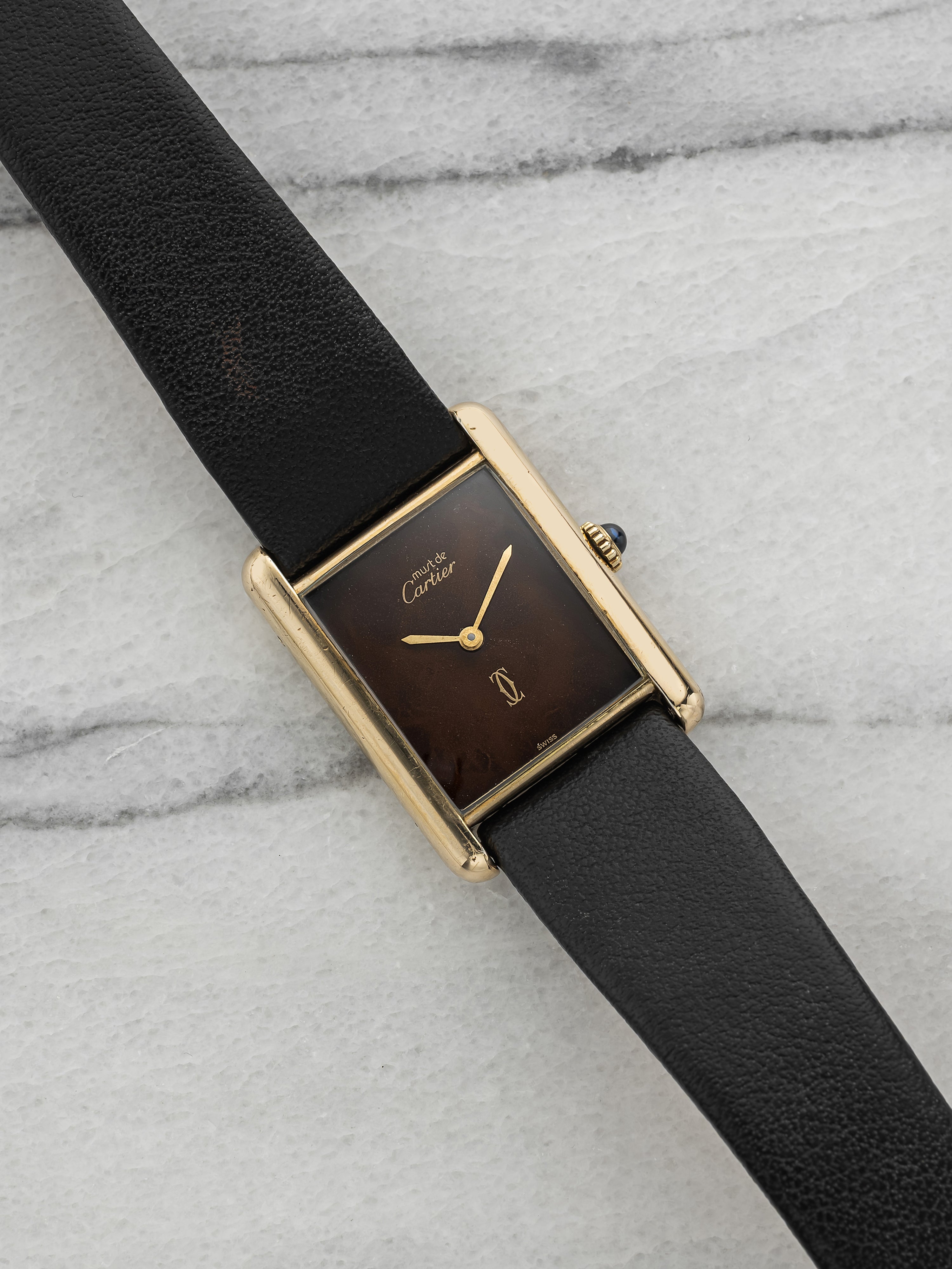 Vintage 1970s Cartier Must Tank Vermeil Brown Tortoise Dial Manual 23mm