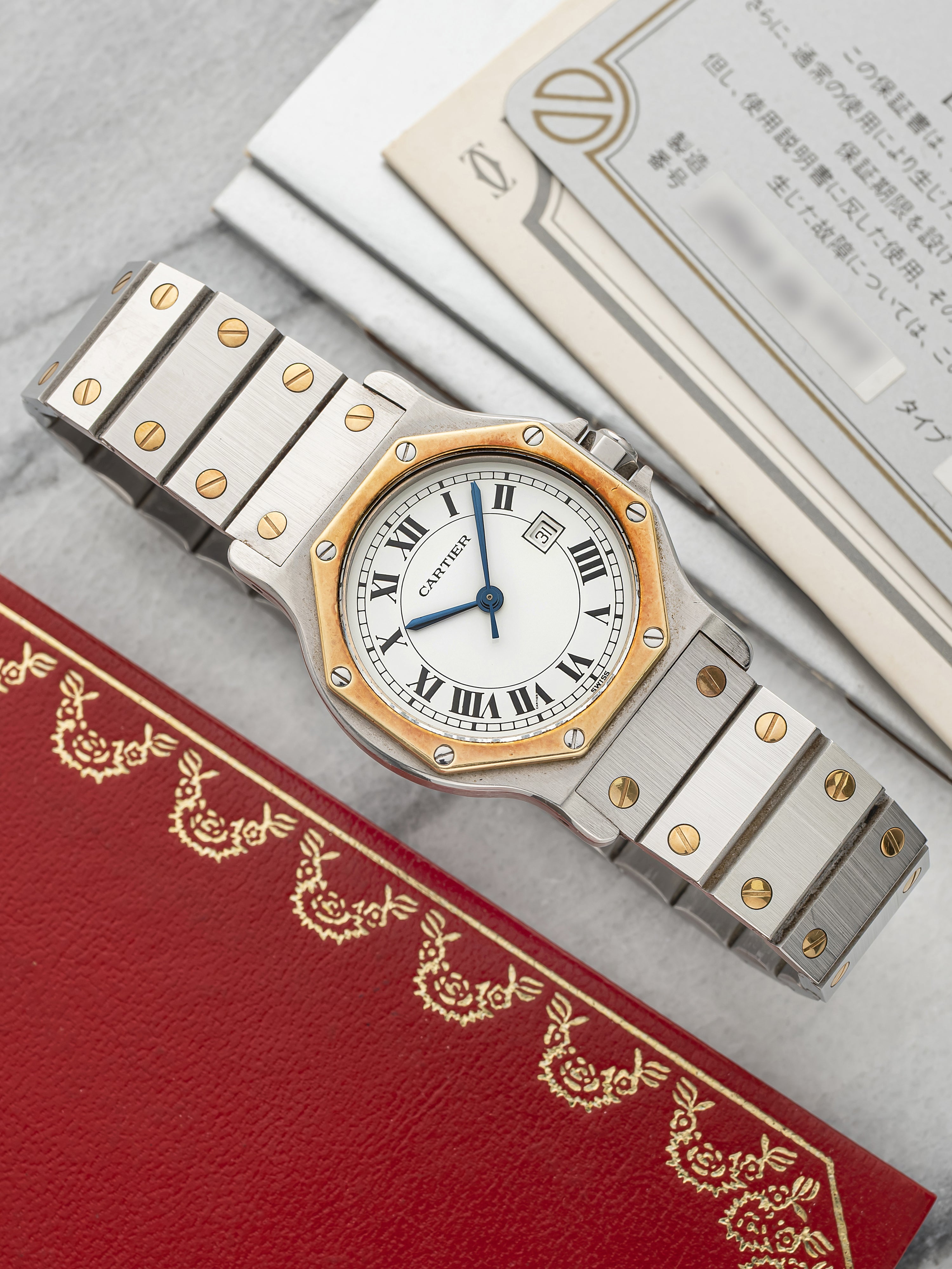 Vintage 1990s Cartier Santos Octagonal 2966 Two-Tone White Roman Dial Auto 30mm