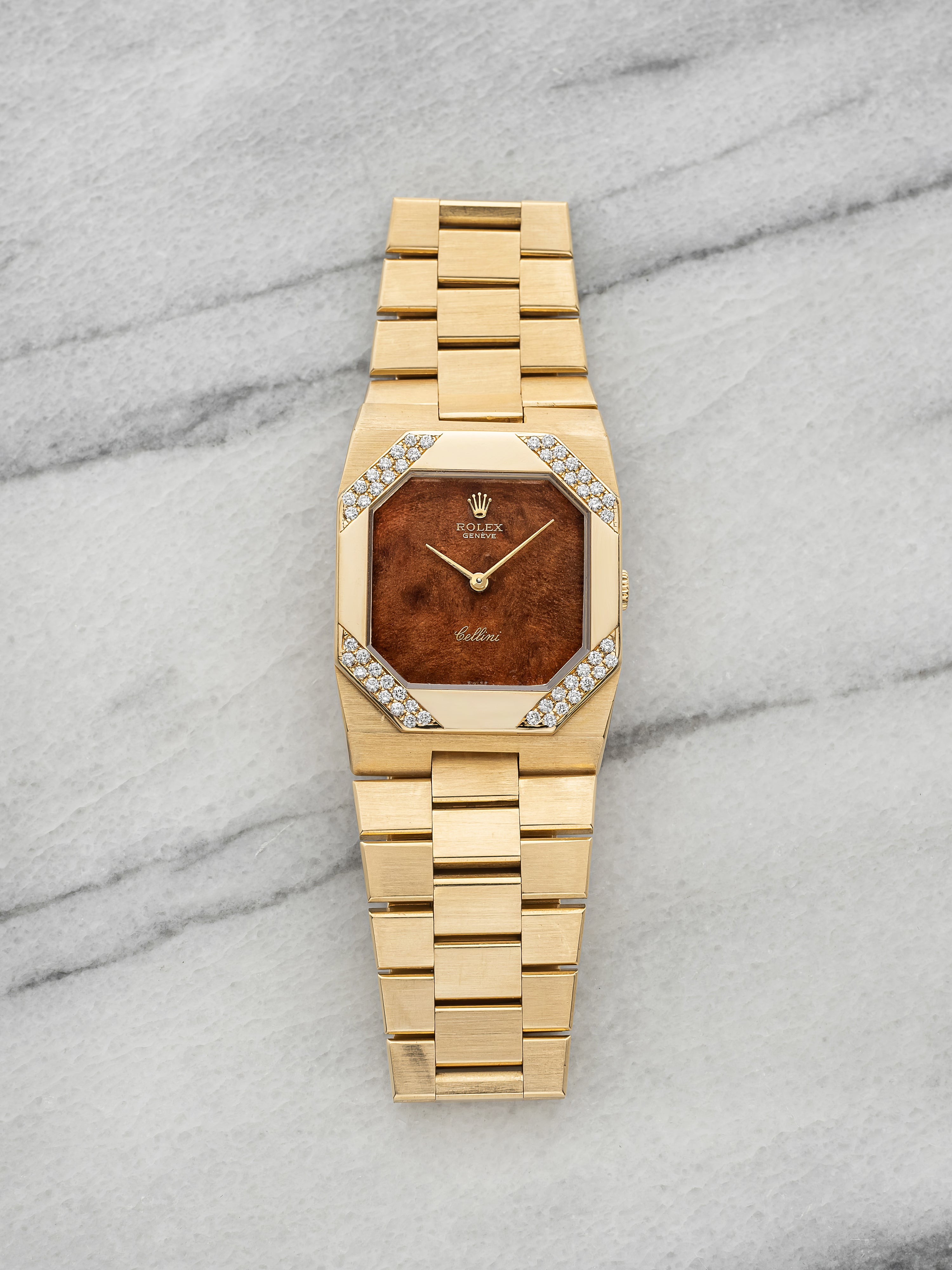 Vintage 1976 Rolex Cellini 4055 18K YG Walnut Burl Wood Dial Diamond Manual 27mm