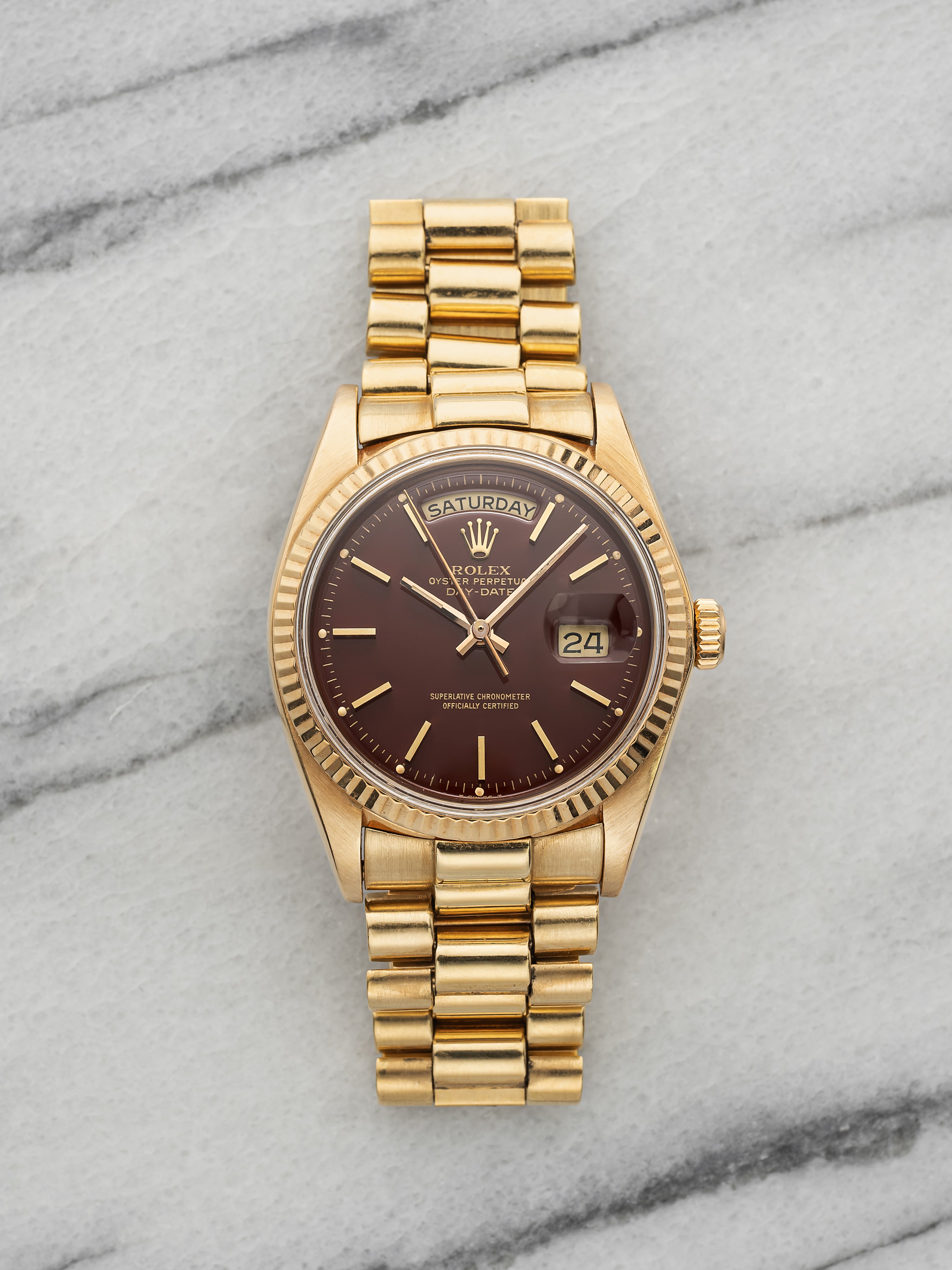 Vintage 1977 Rolex Day-Date 1803 18K Yellow Gold Oxblood Stella Dial Auto 36mm