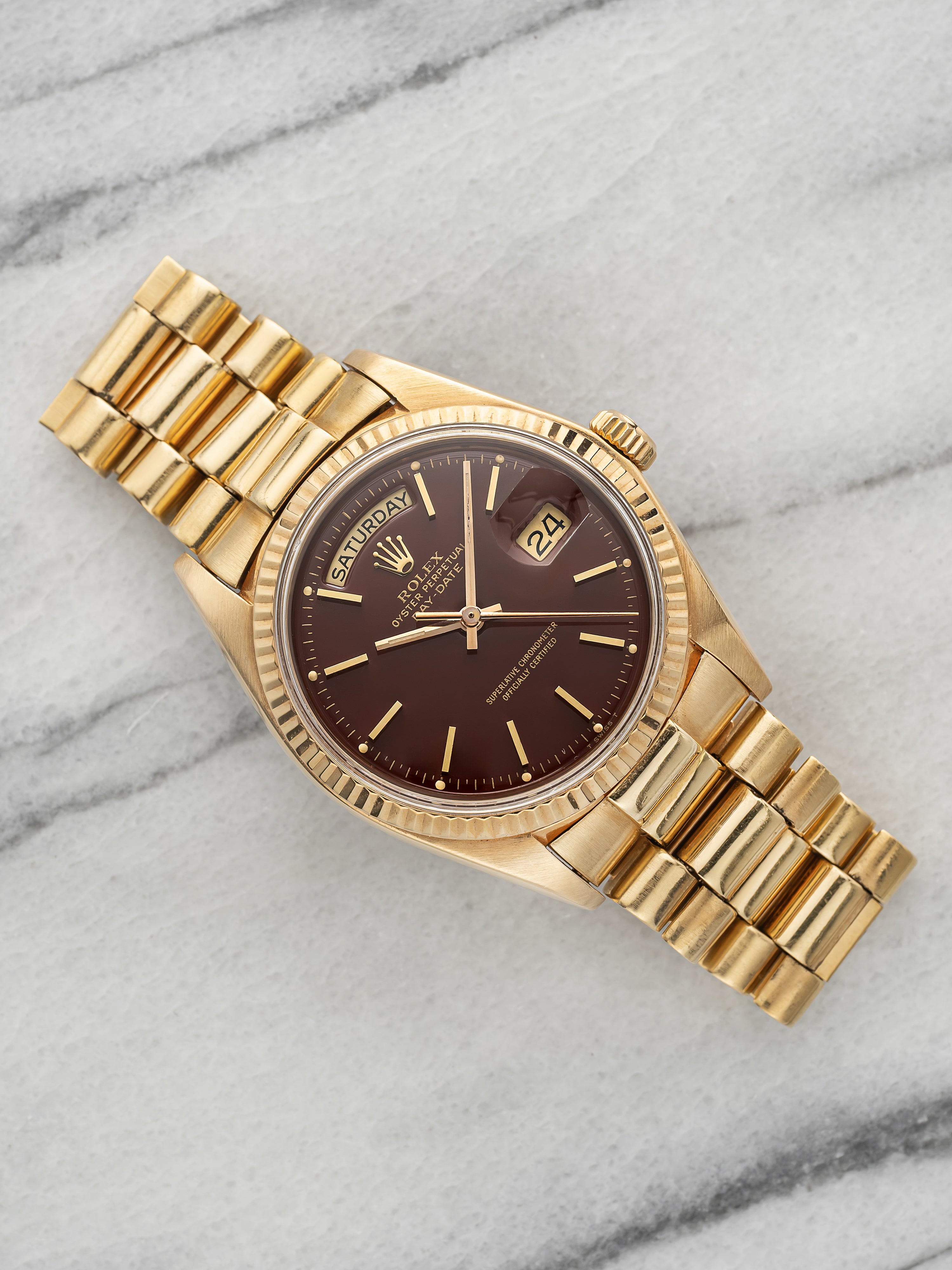 Vintage 1977 Rolex Day-Date 1803 18K Yellow Gold Oxblood Stella Dial Auto 36mm