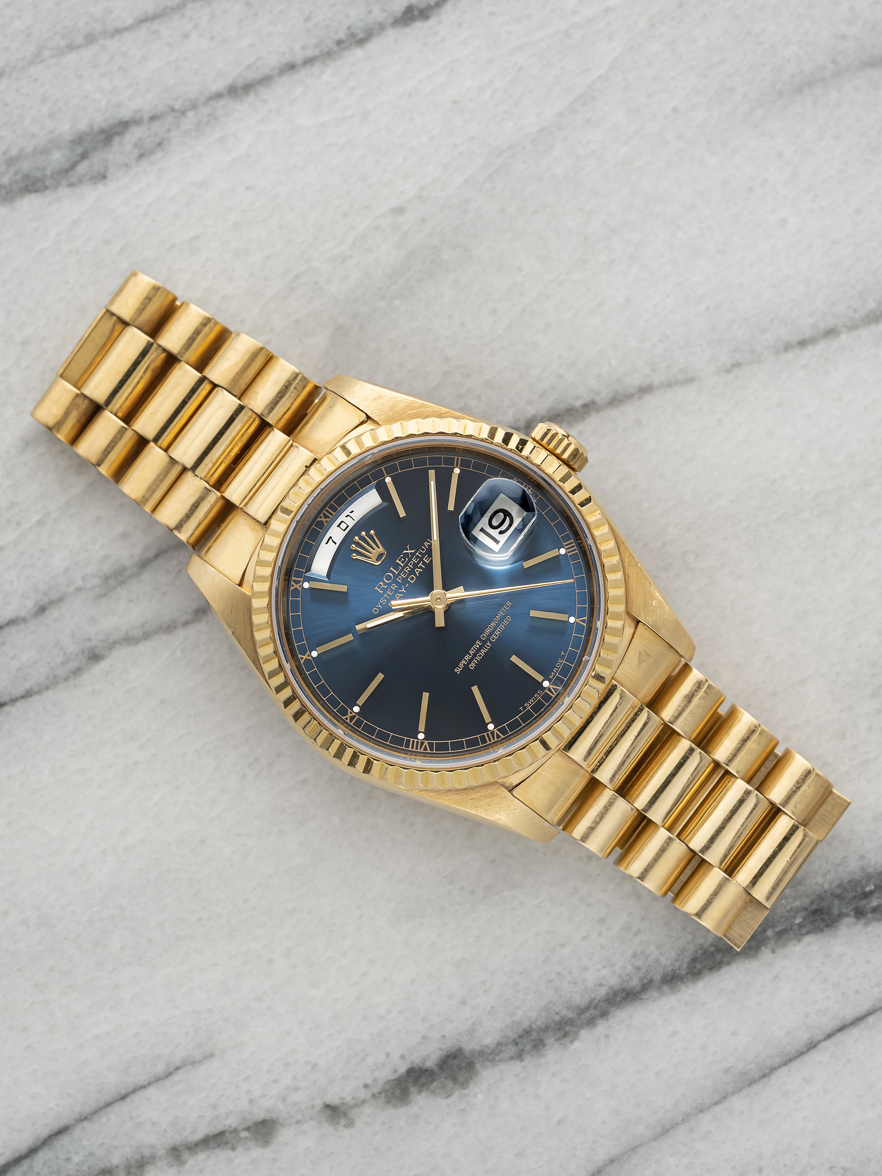 Vintage 1990 Rolex Day-Date 18238 18K Yellow Gold Blue Dial Automatic 36mm