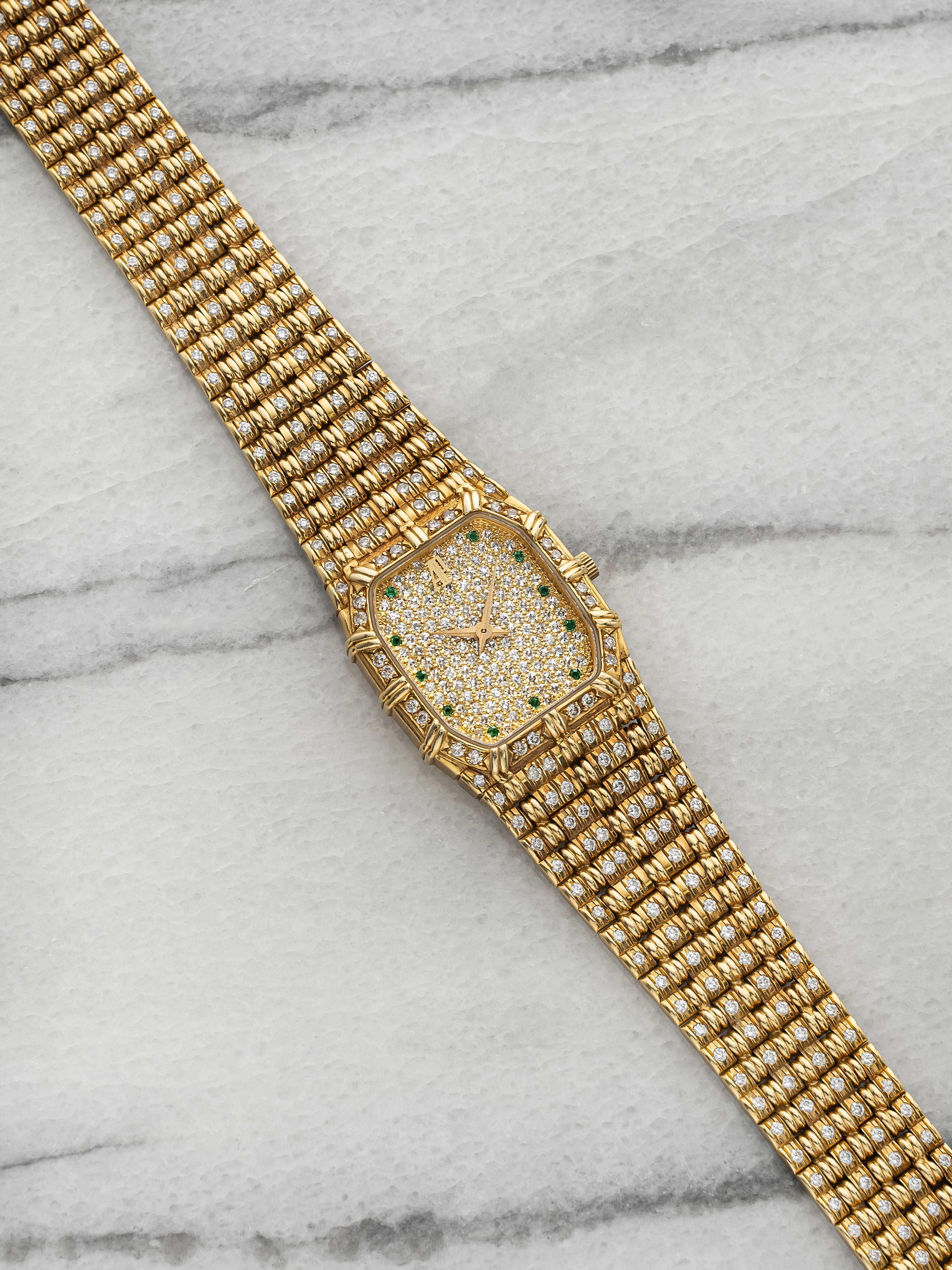 Vintage 1990s Audemars Piguet Ladies Bamboo 18K YG Diamond Emerald Dial 20mm