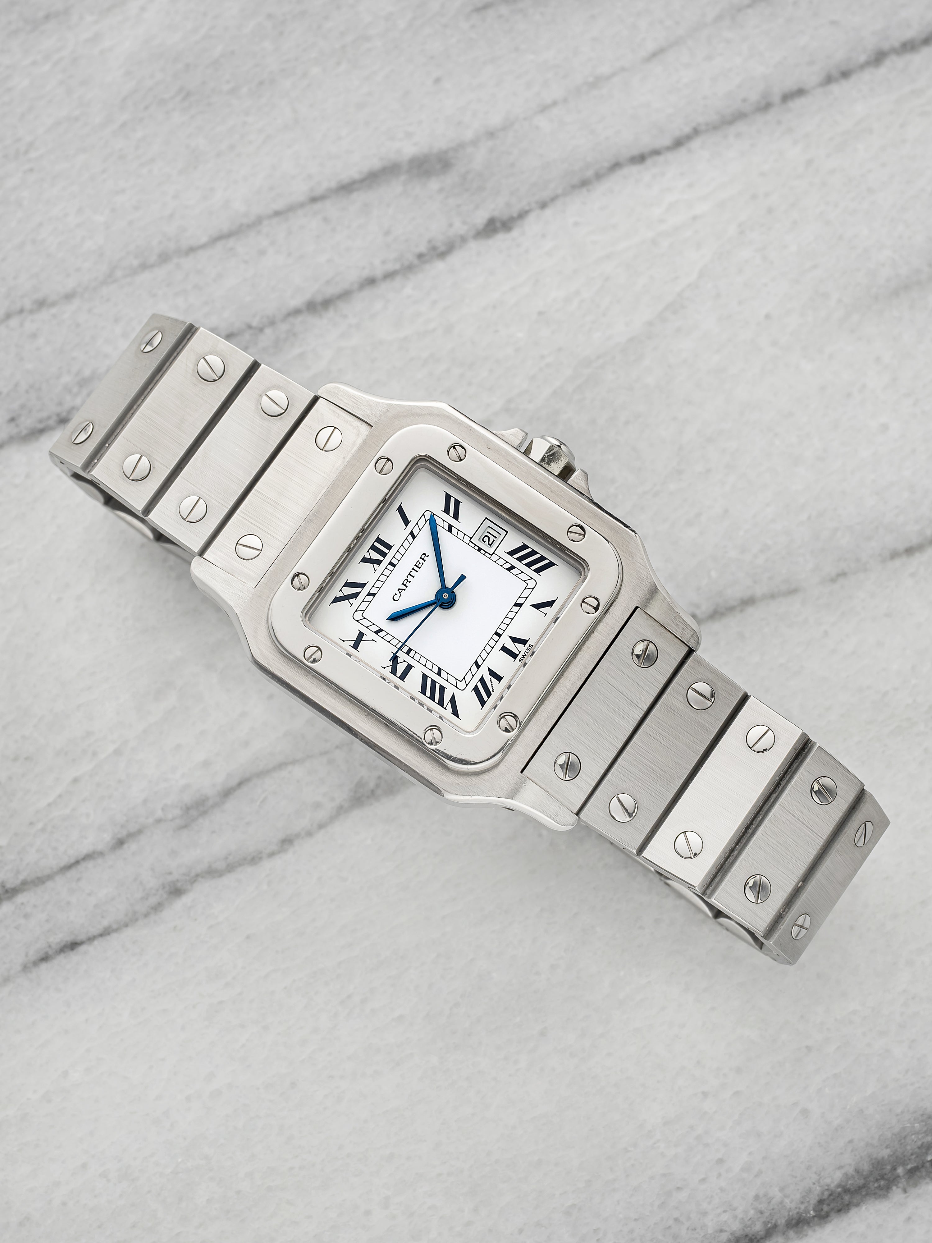 Vintage 1980s Cartier Santos Carree 2960 Steel White Roman Dial Auto 29mm