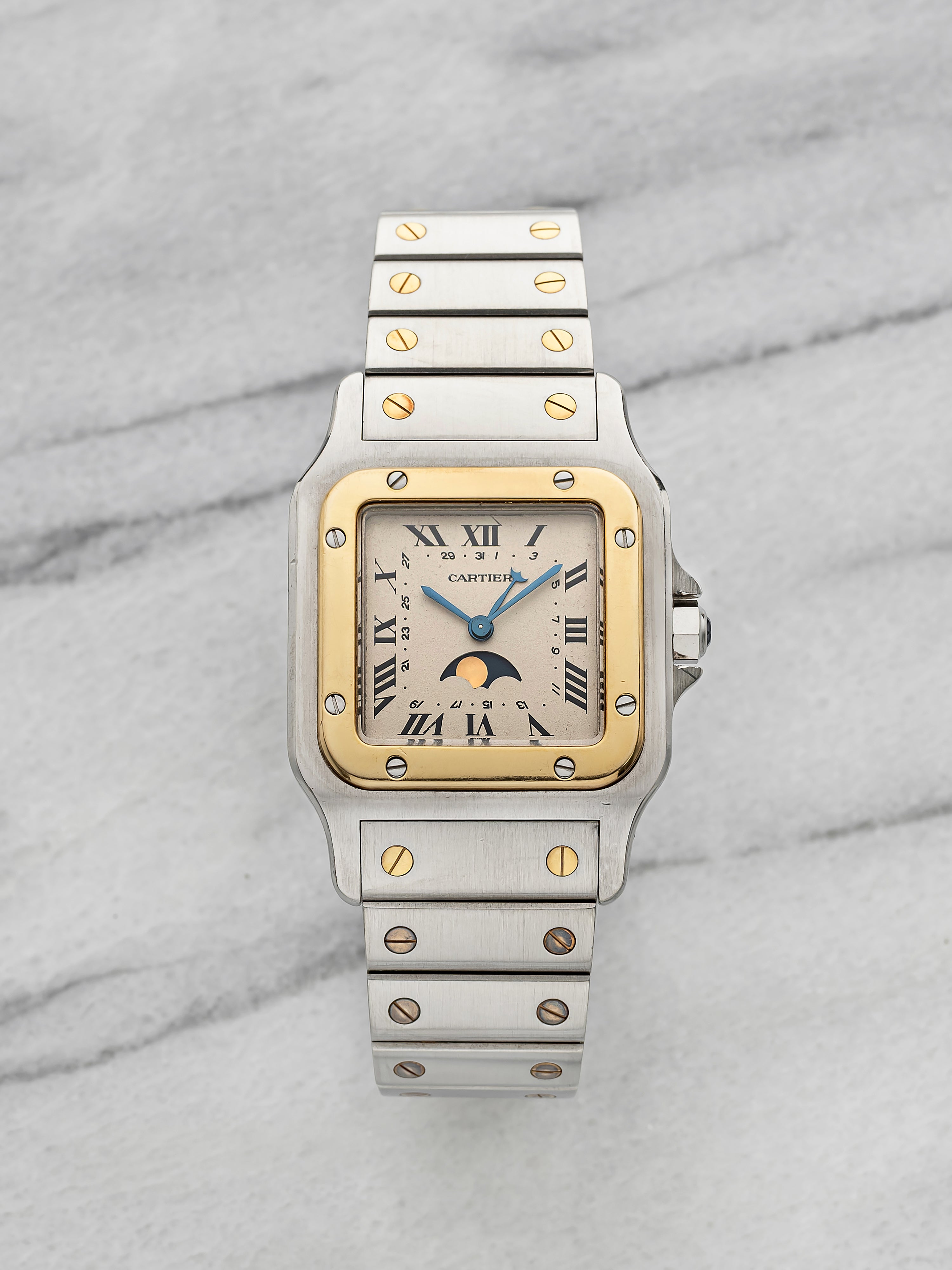Vintage 1990s Cartier Santos 119901 Two Tone Roman Moonphase Dial Quartz 27mm