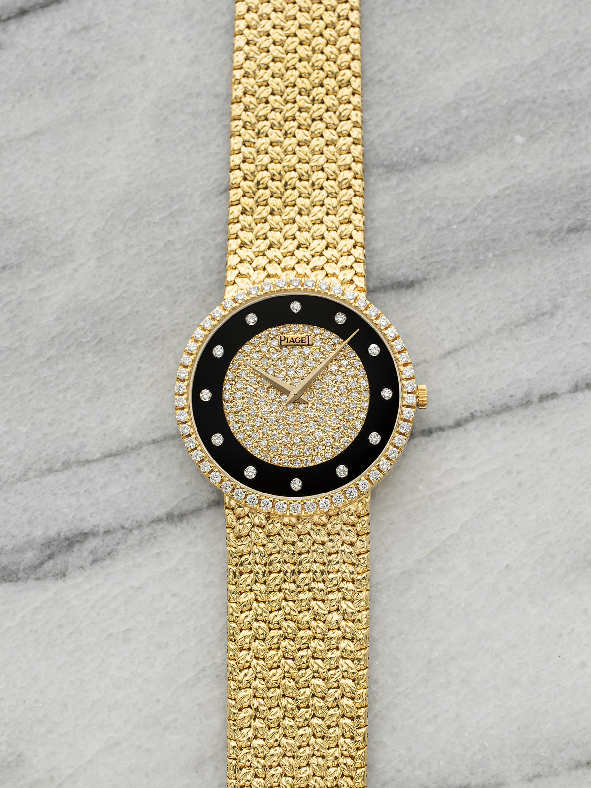 Vintage 1980s Piaget 8066 18K Yellow Gold Diamond & Onyx Stone Dial Quartz 33mm