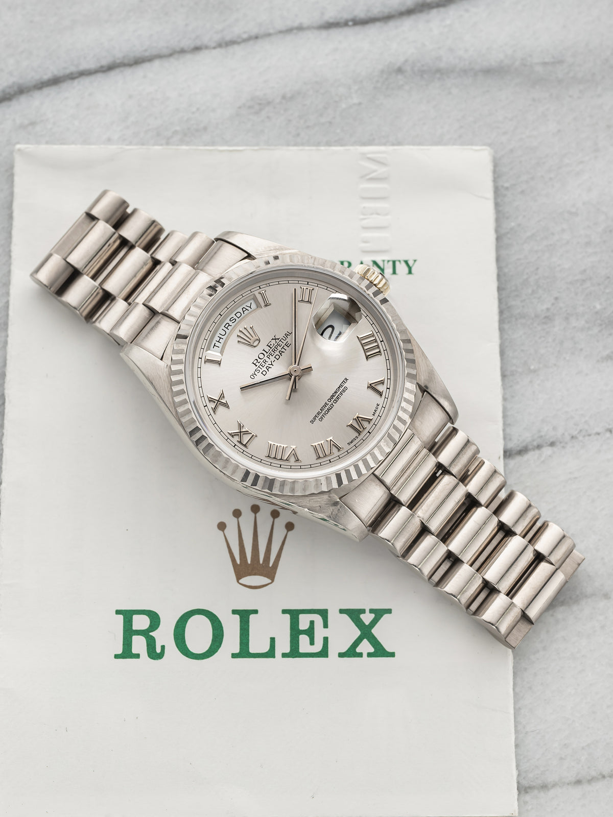 Vintage 1996 Rolex Day-Date 18239 18K White Gold Silver Sunburst Dial Auto 36mm