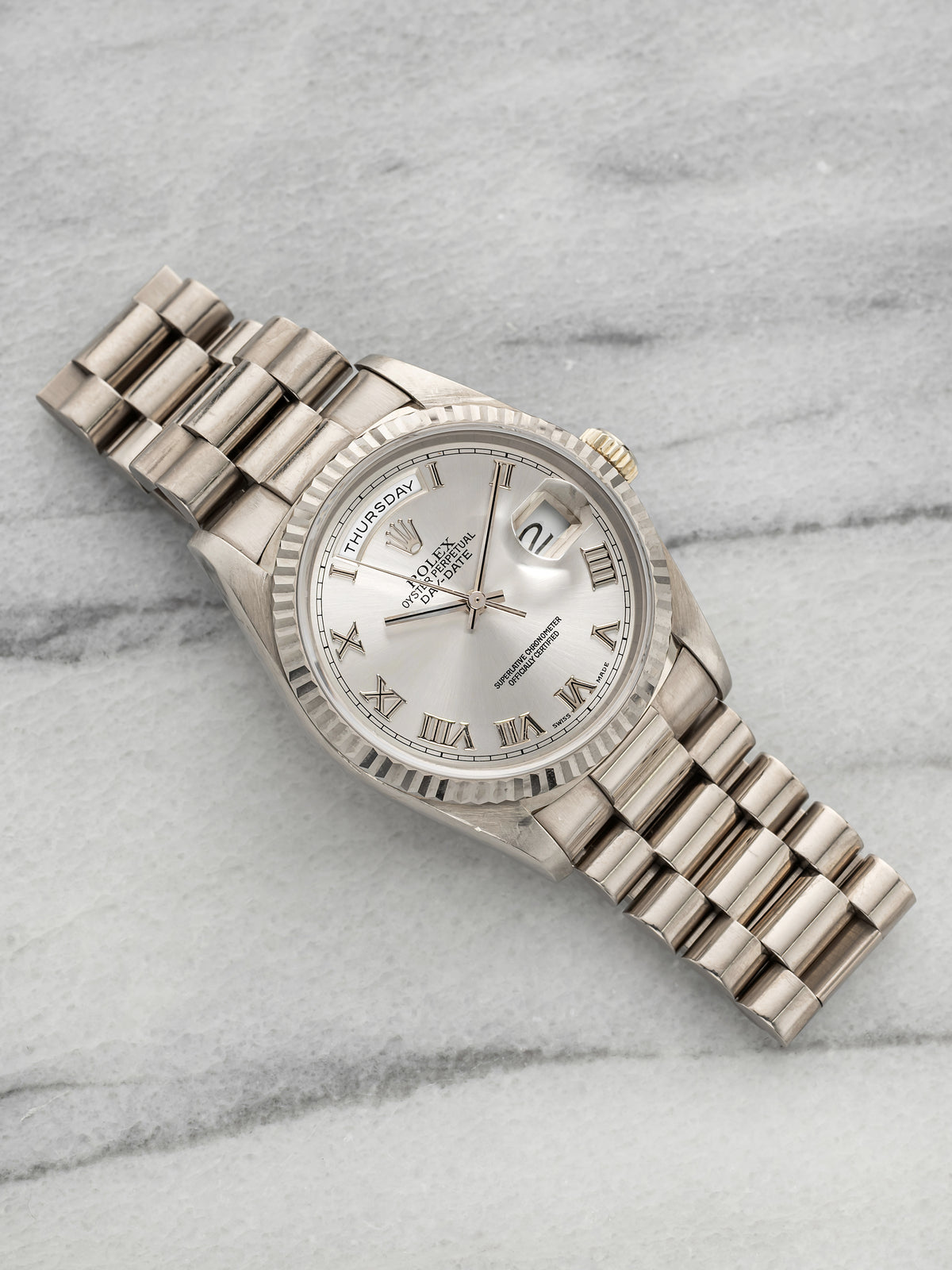 Vintage 1996 Rolex Day-Date 18239 18K White Gold Silver Sunburst Dial Auto 36mm