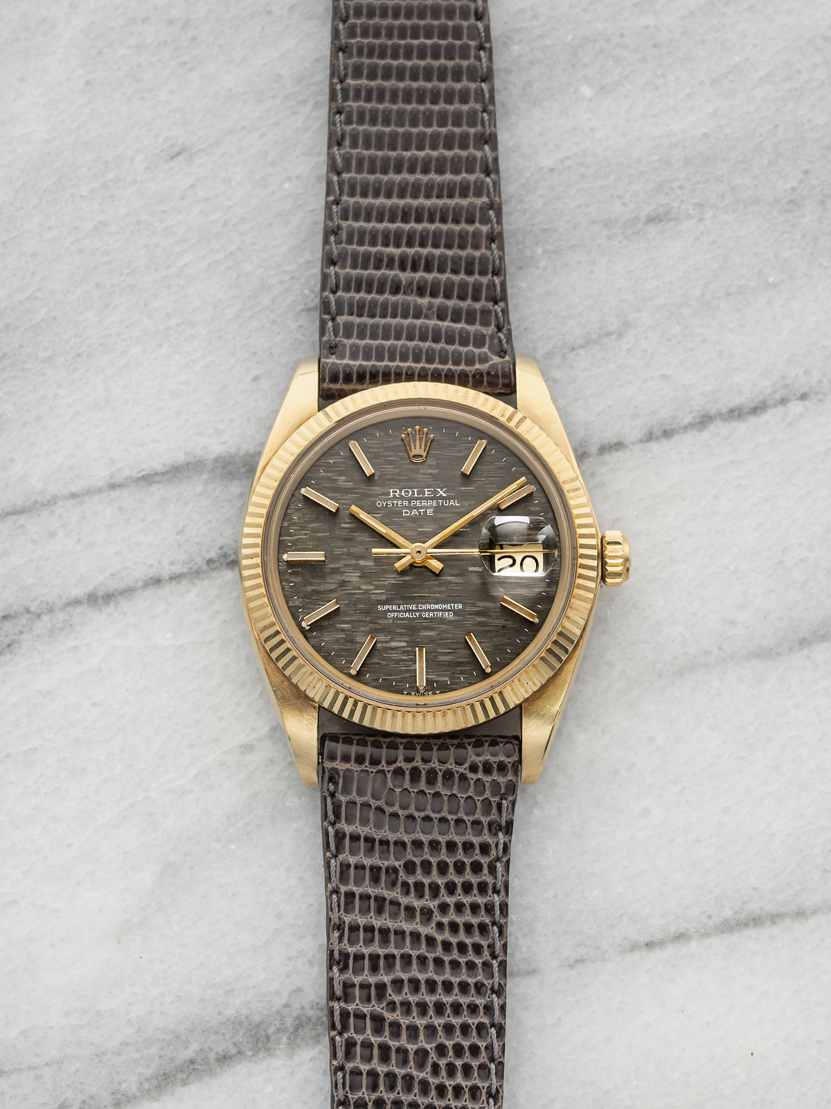 Vintage 1979 Rolex Oyster Perpetual Date 1503 14K YG Grey Texture Dial Auto 34mm