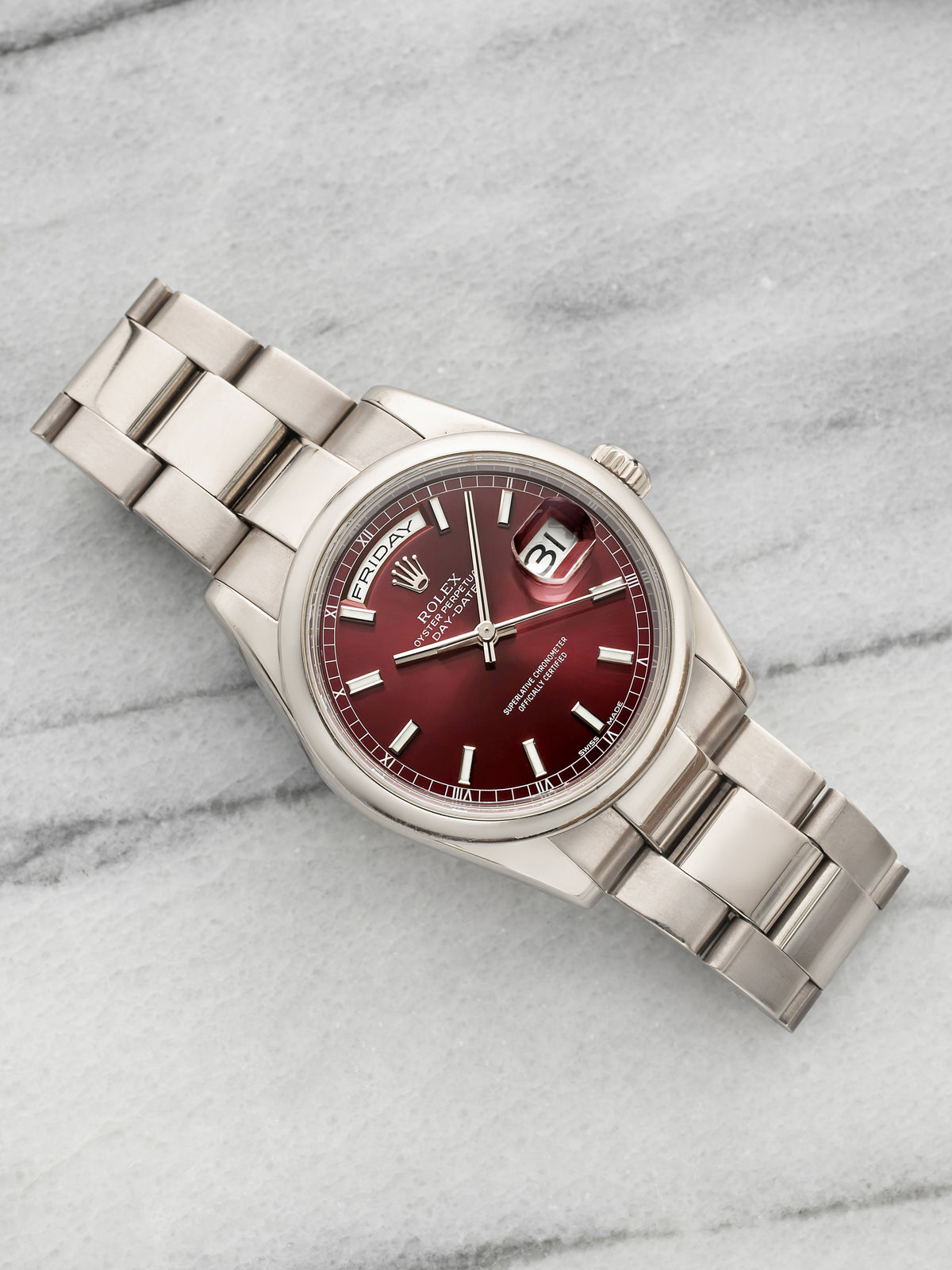 2000 Rolex Day-Date 118209 18K White Gold Cherry Red Dial Auto 36mm