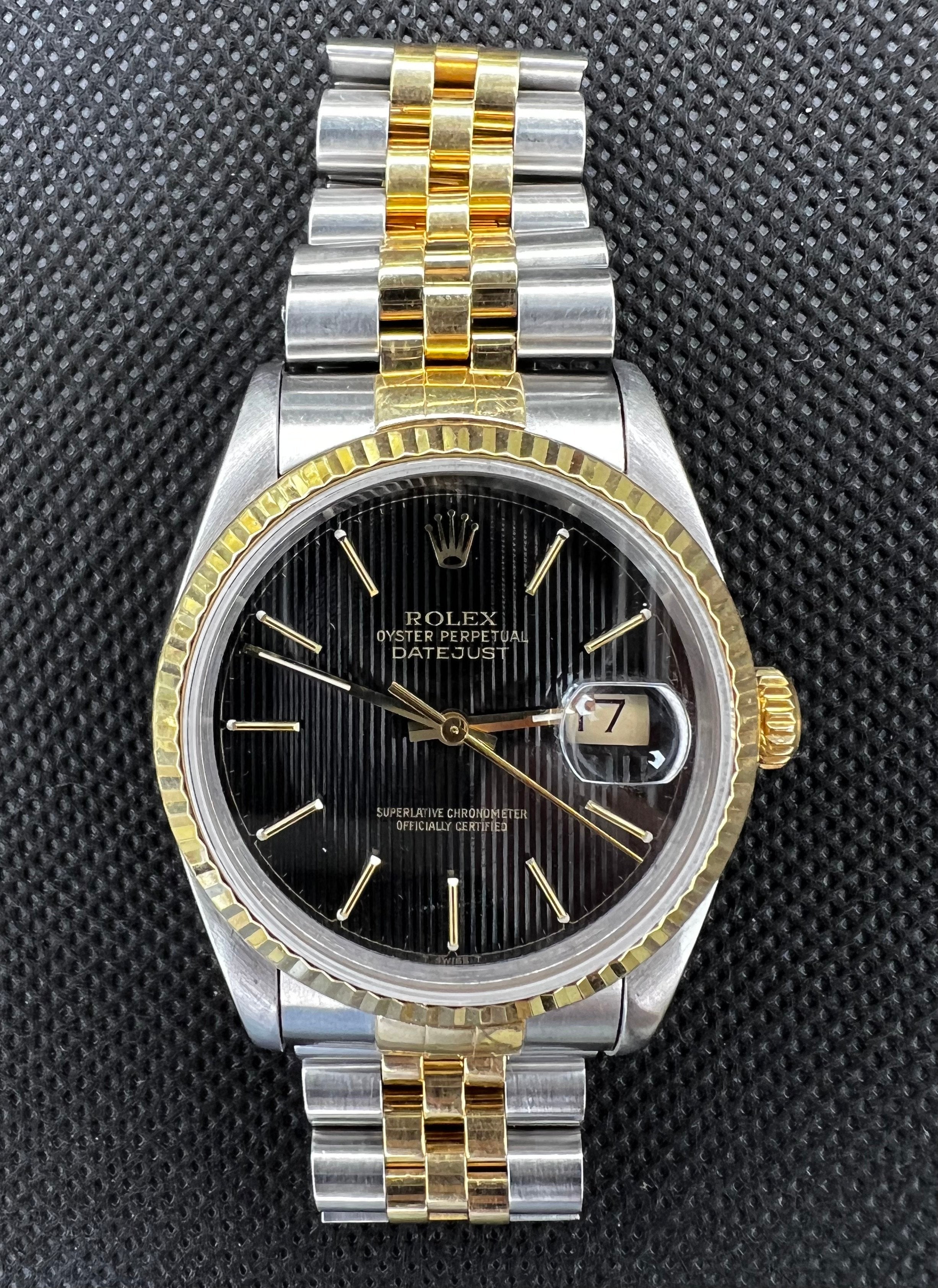 Rolex Datejust Ref 16233 Black Tapestry Dial 18K Yellow Gold Two Tone Papers Watch