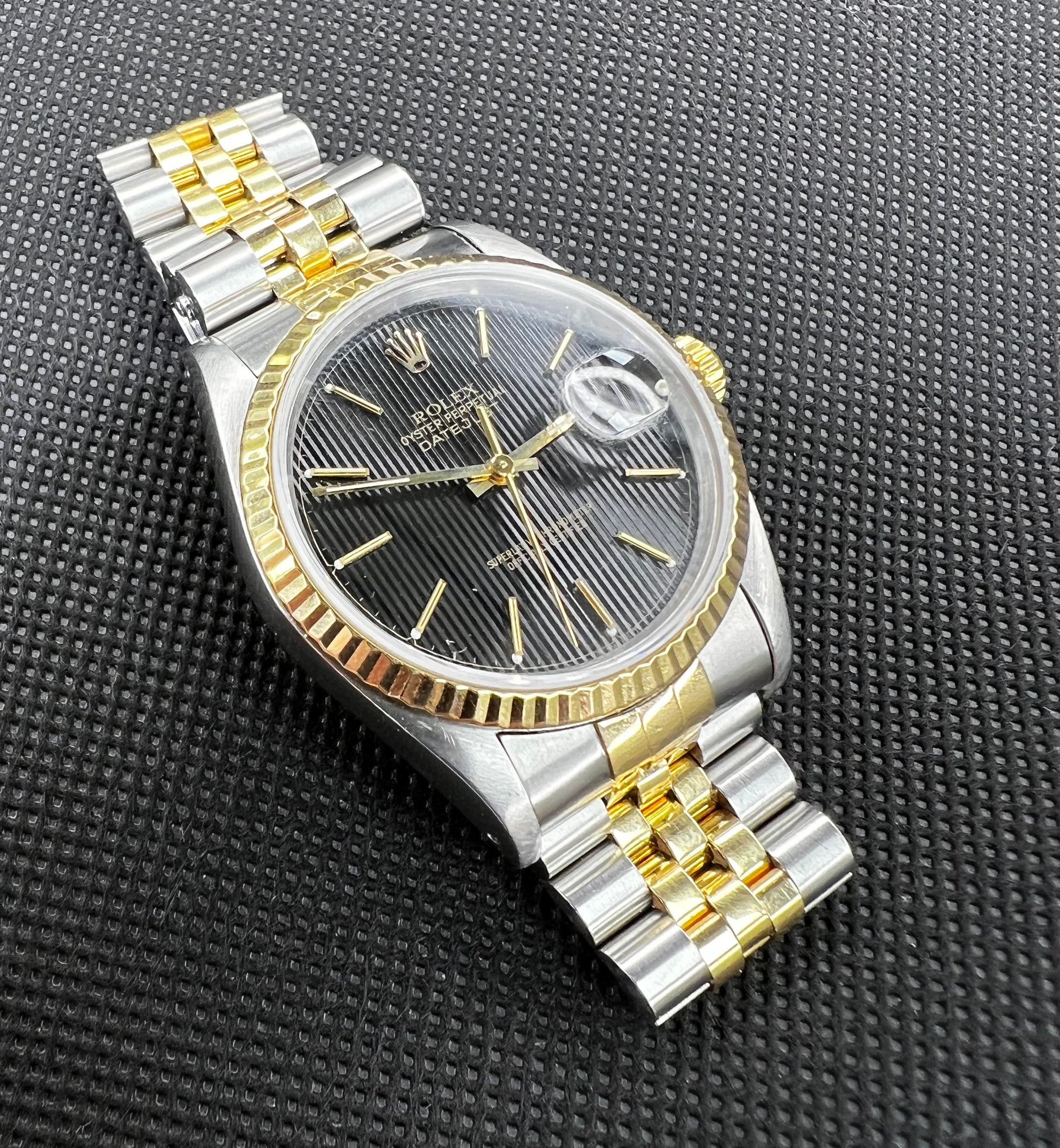 Rolex Datejust Ref 16233 Black Tapestry Dial 18K Yellow Gold Two Tone Papers Watch