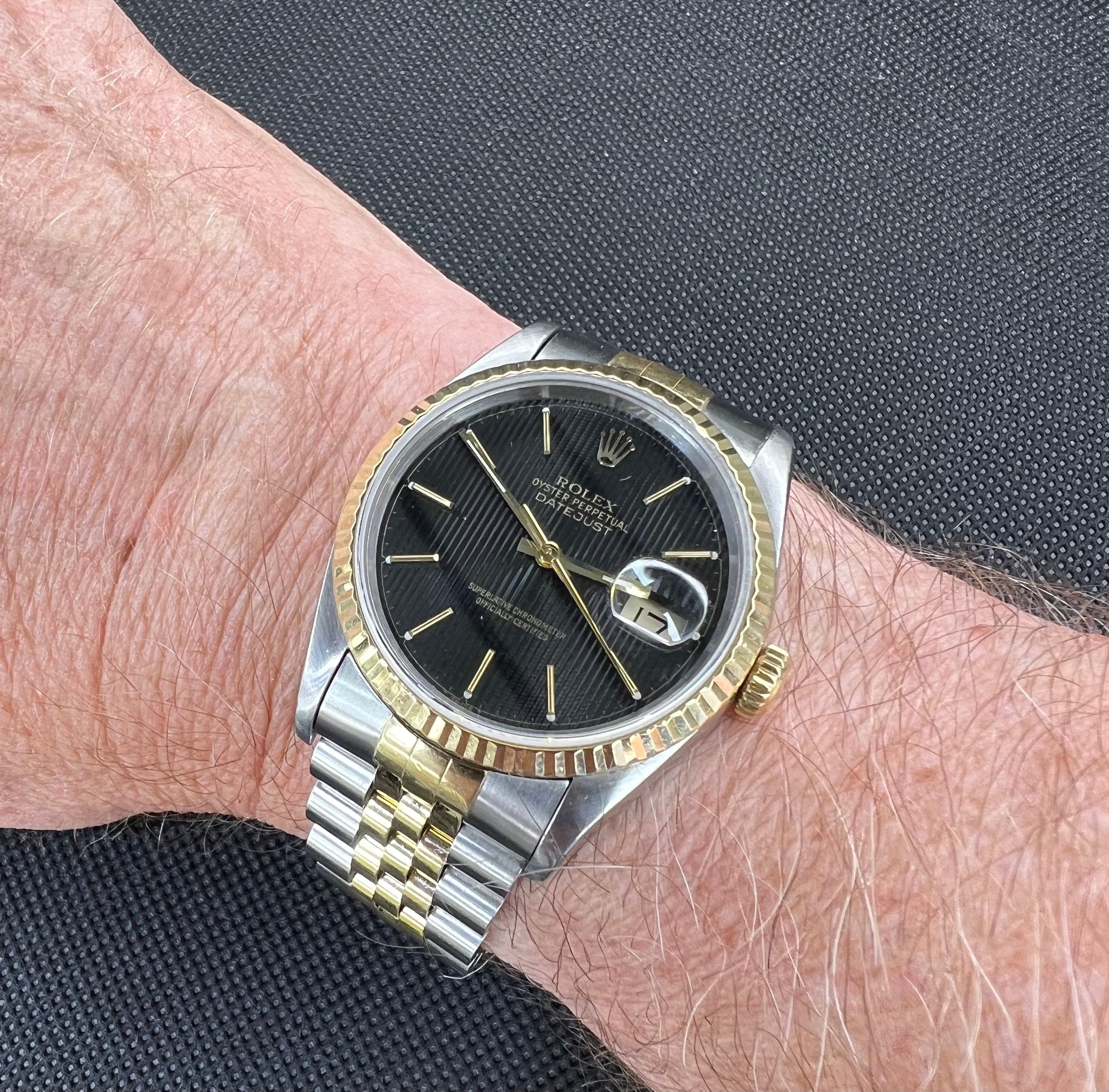 Rolex Datejust Ref 16233 Black Tapestry Dial 18K Yellow Gold Two Tone Papers Watch