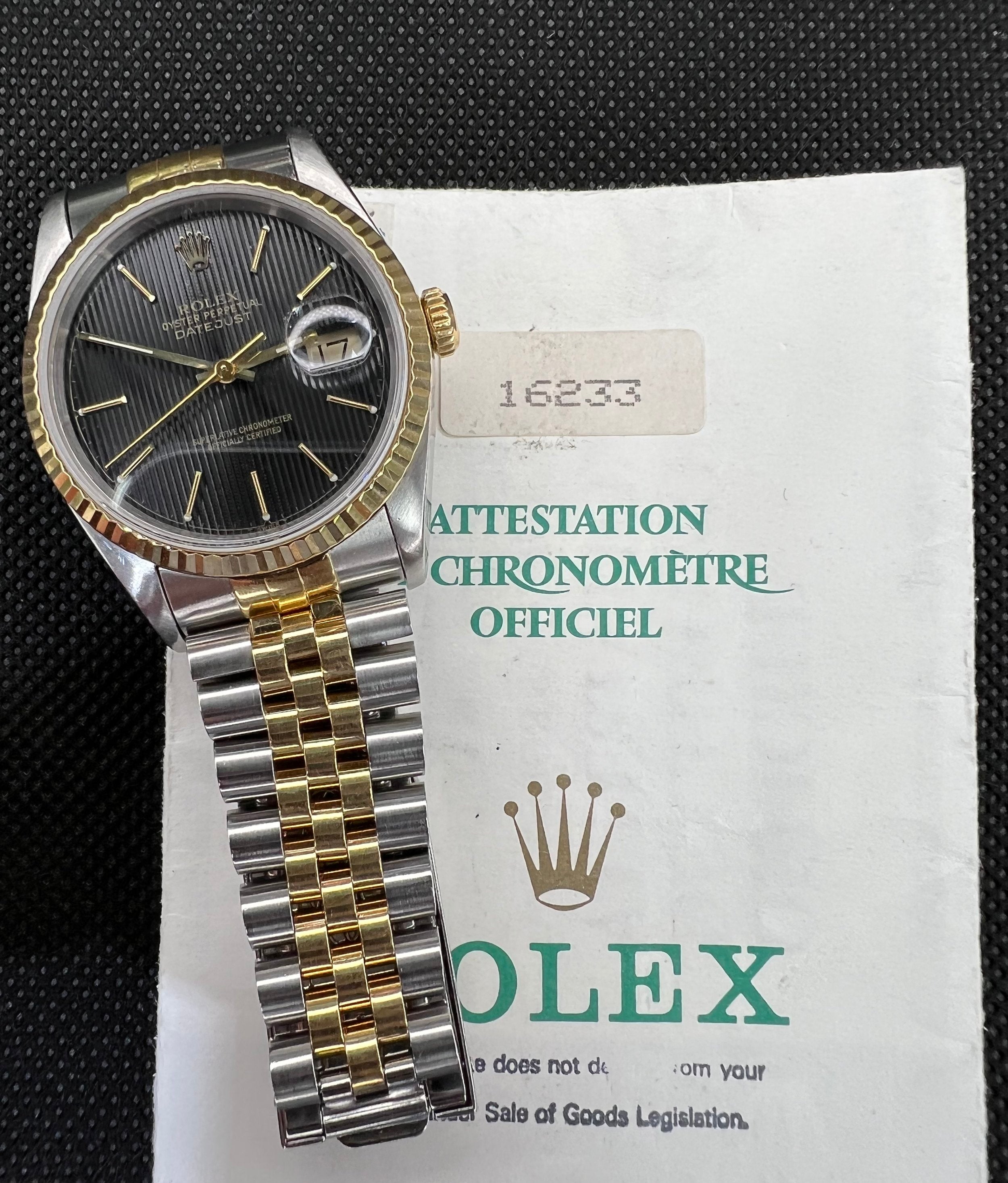 Rolex Datejust Ref 16233 Black Tapestry Dial 18K Yellow Gold Two Tone Papers Watch
