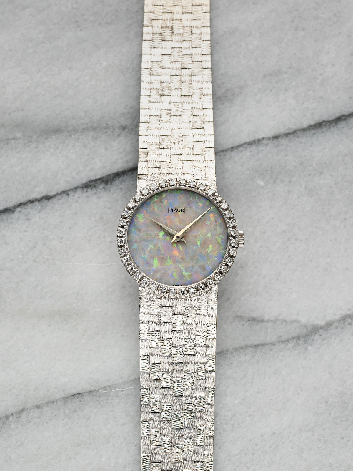 Vintage 1980s Ladies Piaget 9706 18K WG Opal Dial Diamond Bezel Manual 24mm