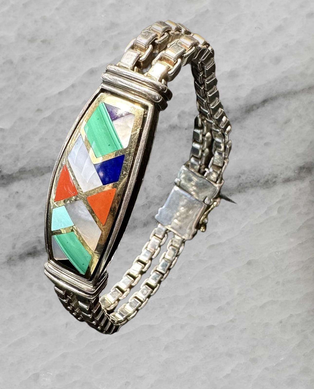 Asch Grossbardt Sterling Silver 18K Gold Stone Inlay Box Link Bracelet 7