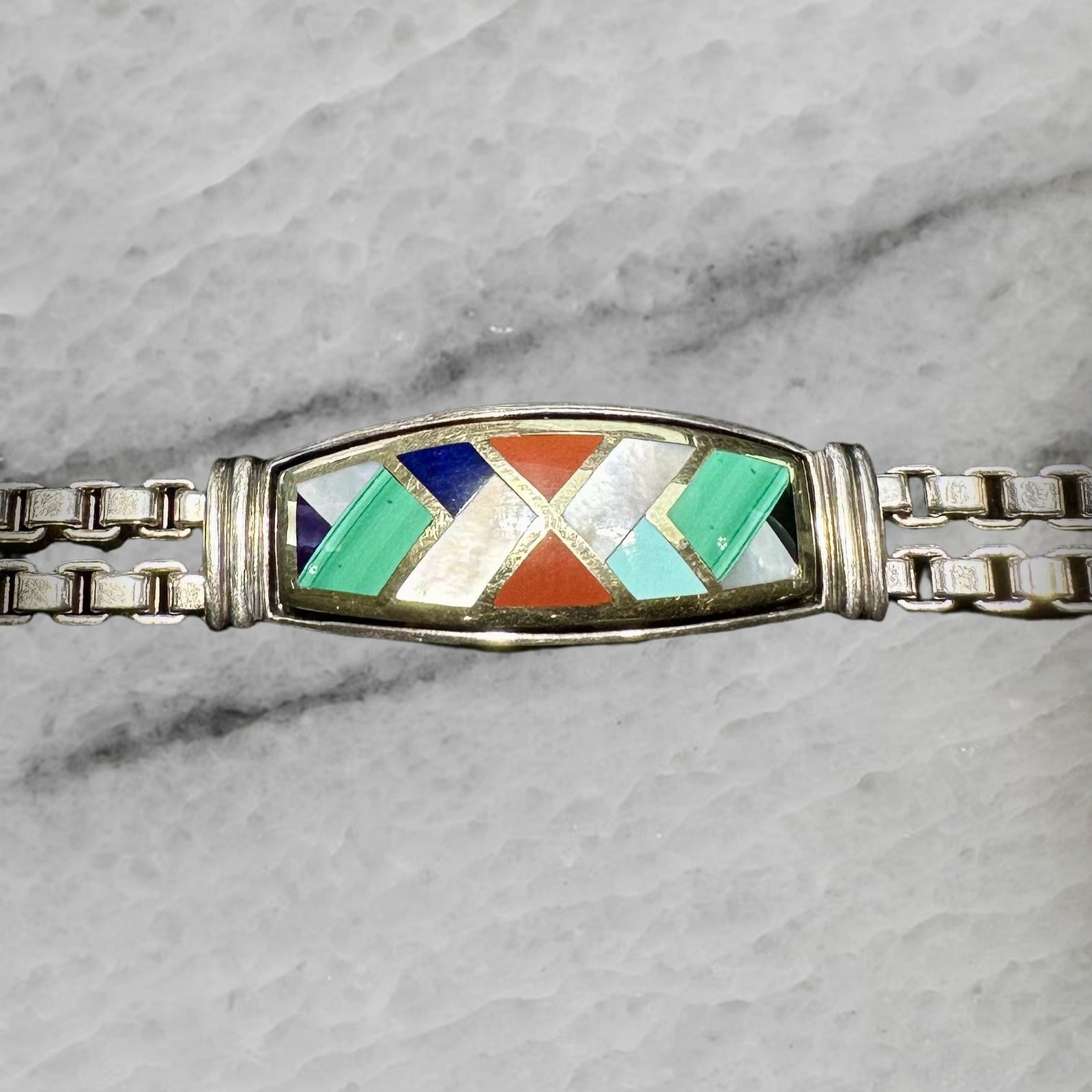 Asch Grossbardt Sterling Silver 18K Gold Stone Inlay Box Link Bracelet 7
