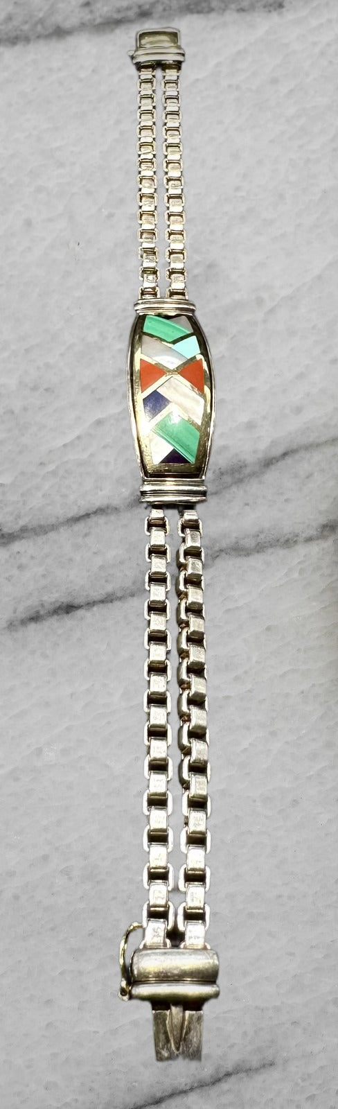 Asch Grossbardt Sterling Silver 18K Gold Stone Inlay Box Link Bracelet 7