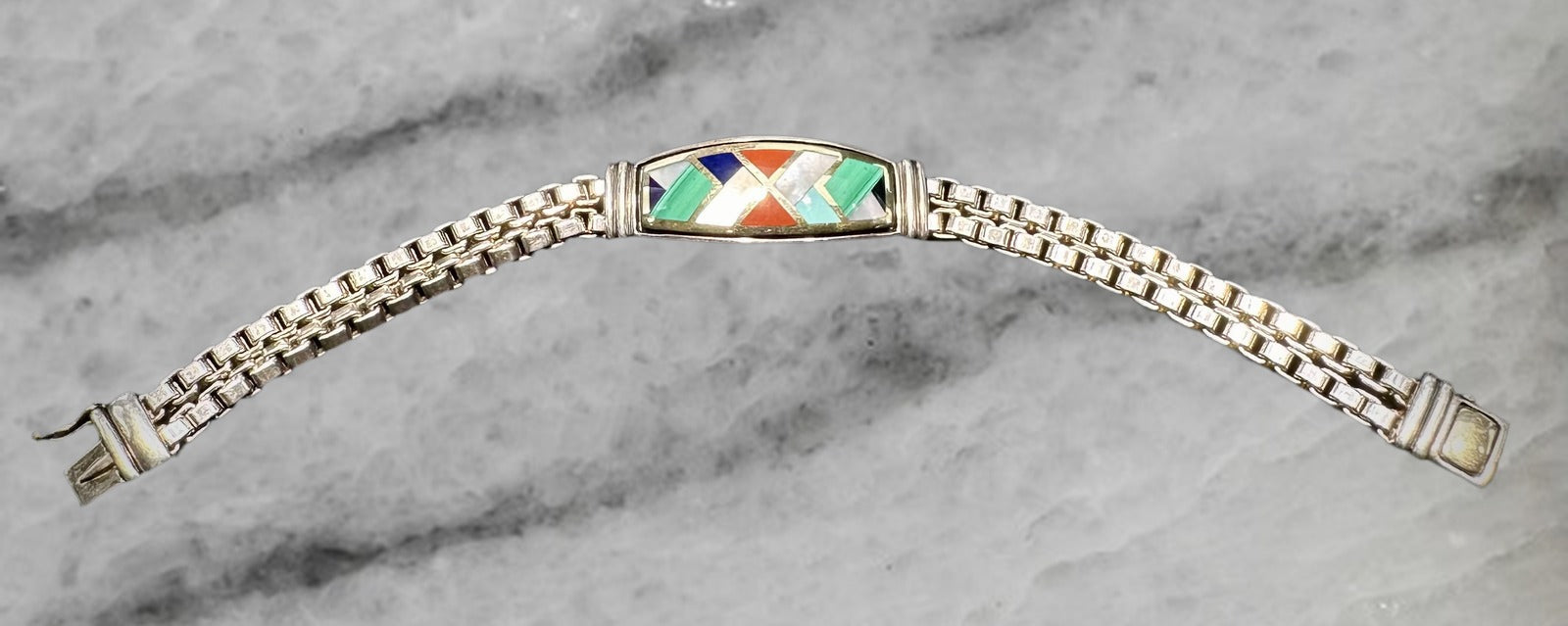 Asch Grossbardt Sterling Silver 18K Gold Stone Inlay Box Link Bracelet 7
