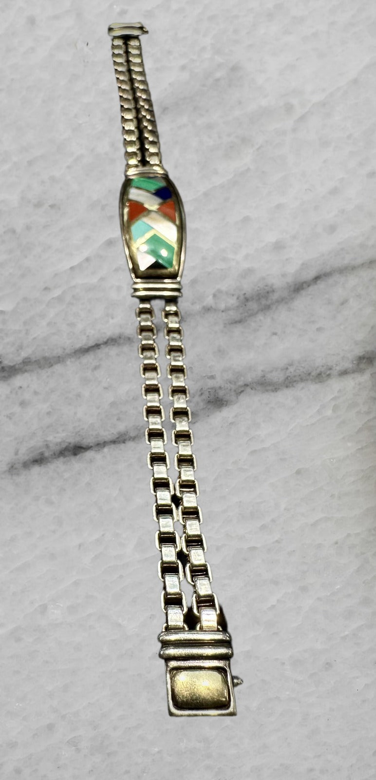 Asch Grossbardt Sterling Silver 18K Gold Stone Inlay Box Link Bracelet 7