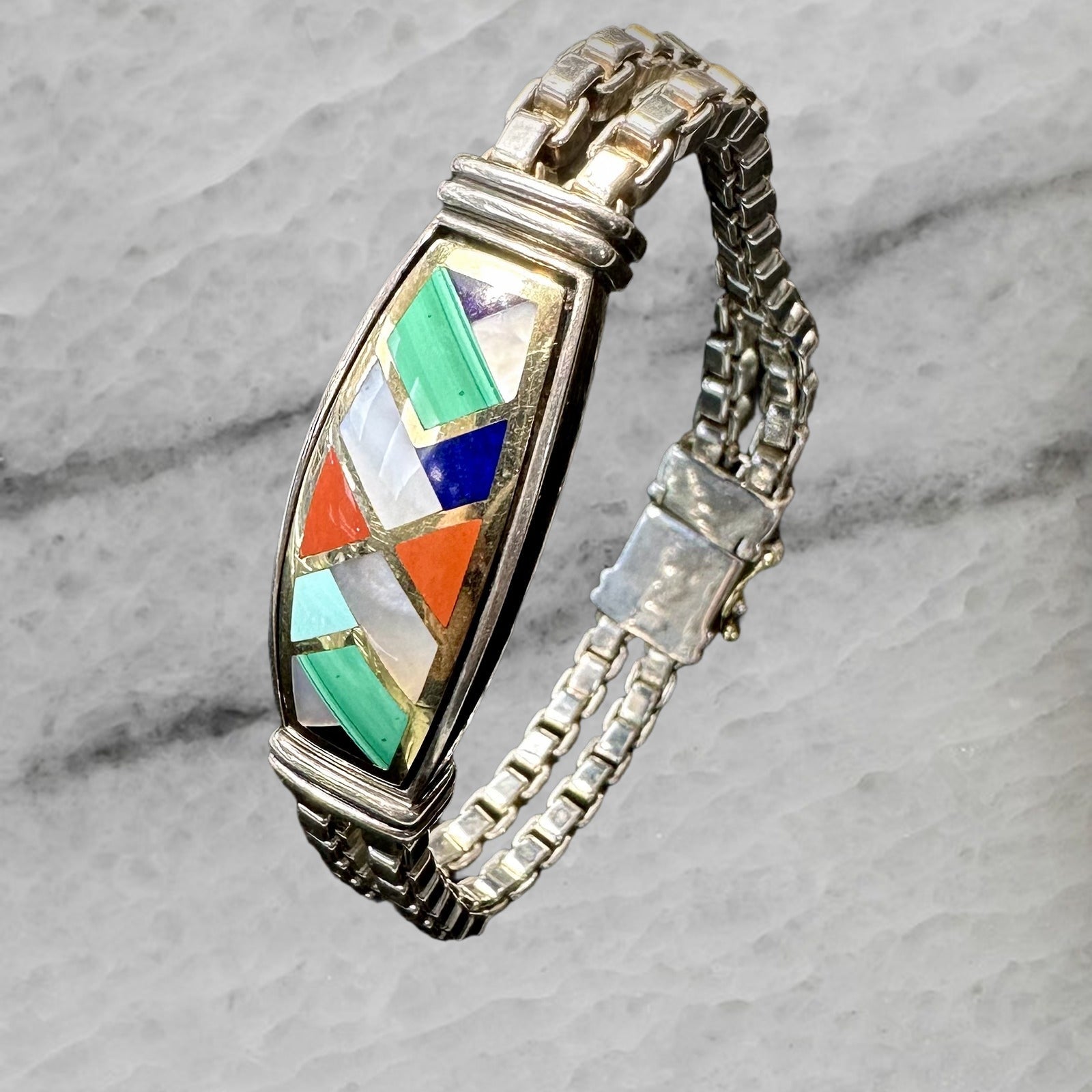 Asch Grossbardt Sterling Silver 18K Gold Stone Inlay Box Link Bracelet 7
