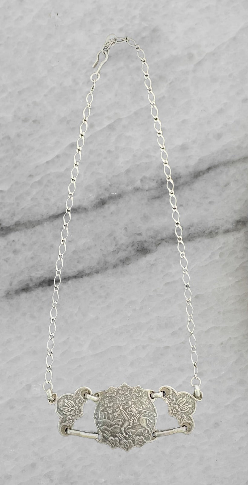 Aygul Turkey Vintage Sterling Silver Etched Panel Chain Necklace Choker