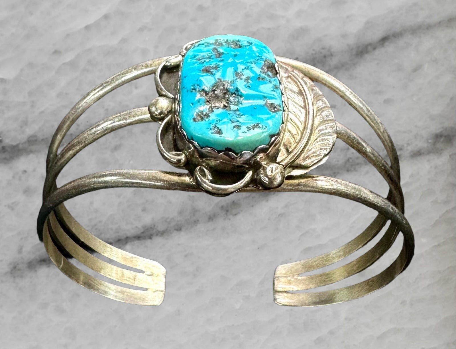 Cecil Henry Vintage Navajo Sterling Silver Triple Wired Turquoise Cuff Bangle