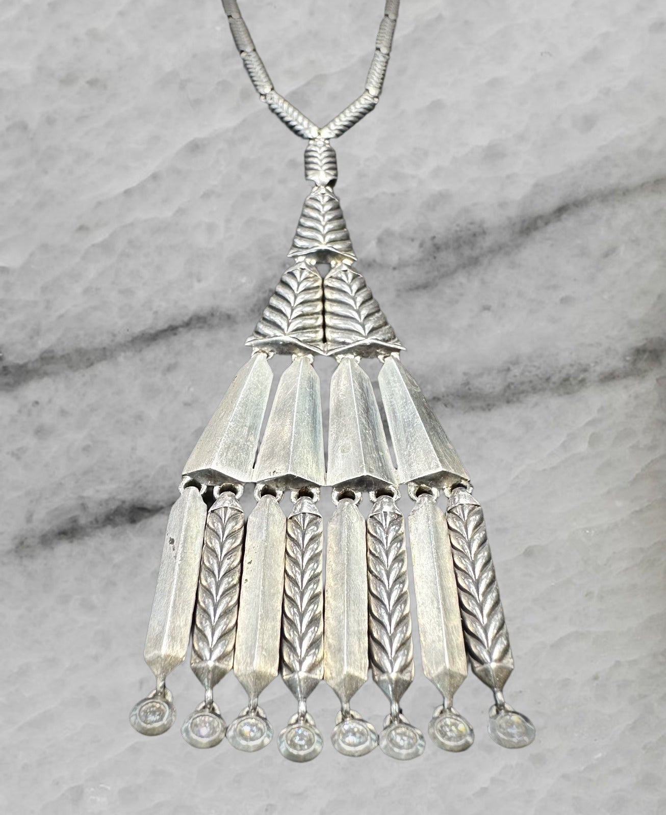 David Yurman Sterling Silver Chevron Stax Fringe Pendant Necklace w Diamonds 26