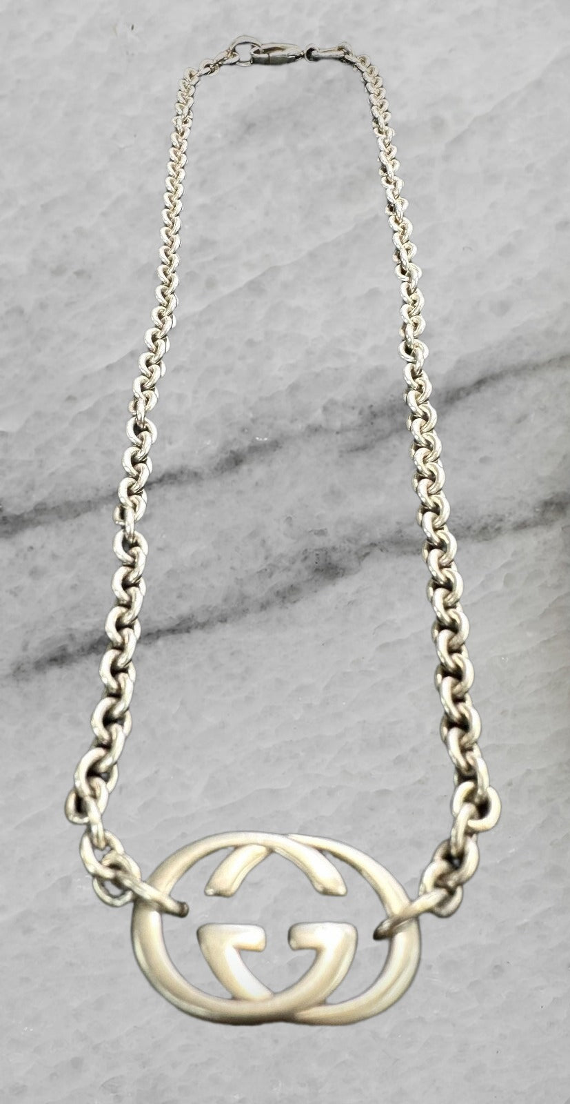 Gucci Italy Sterling Silver Interlocking G Pendant Rolo Chain Necklace 17 75