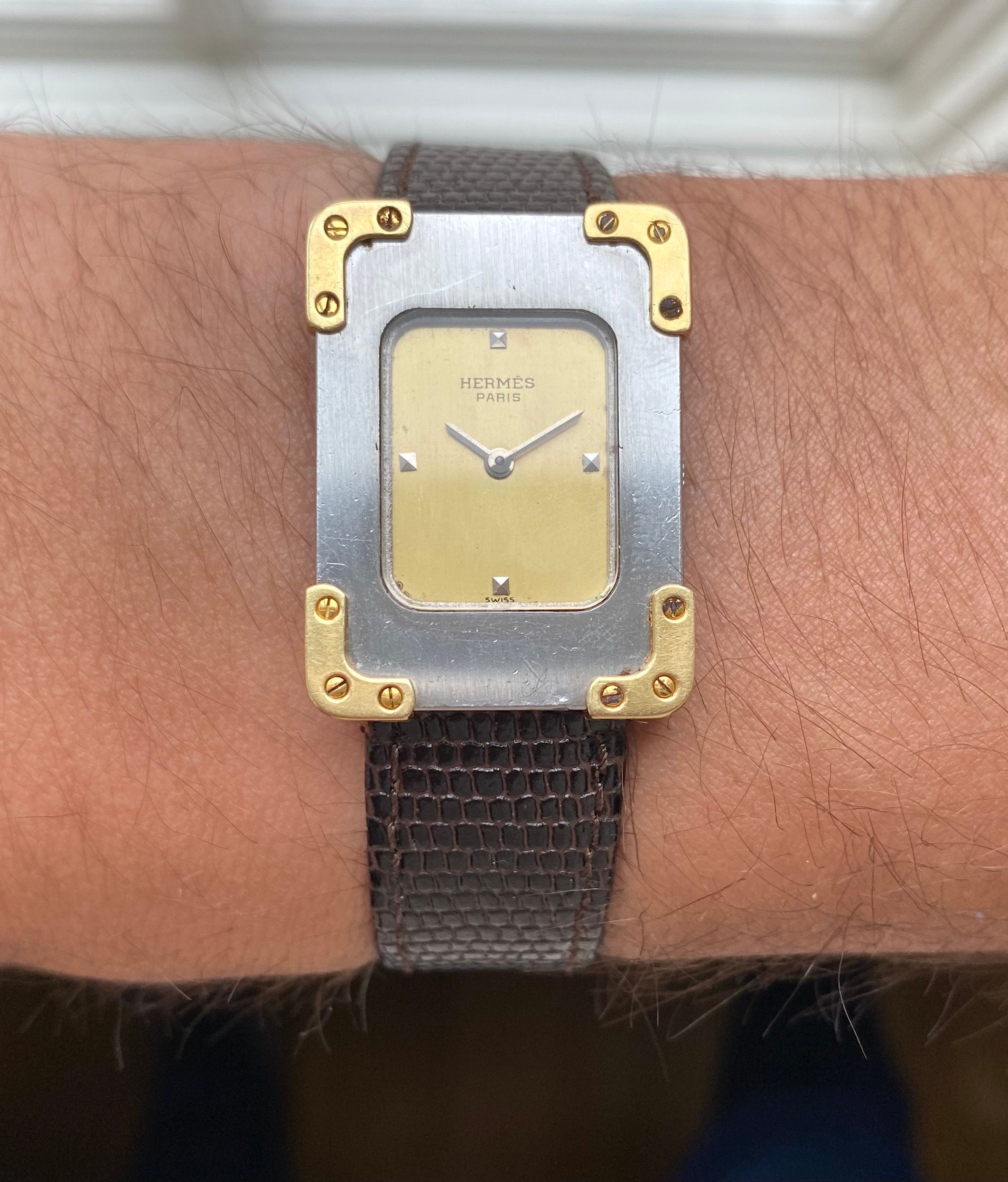Vintage Hermes Tank 80s Tank Quartz Champagne Dial Two Tone Steel Case Watch