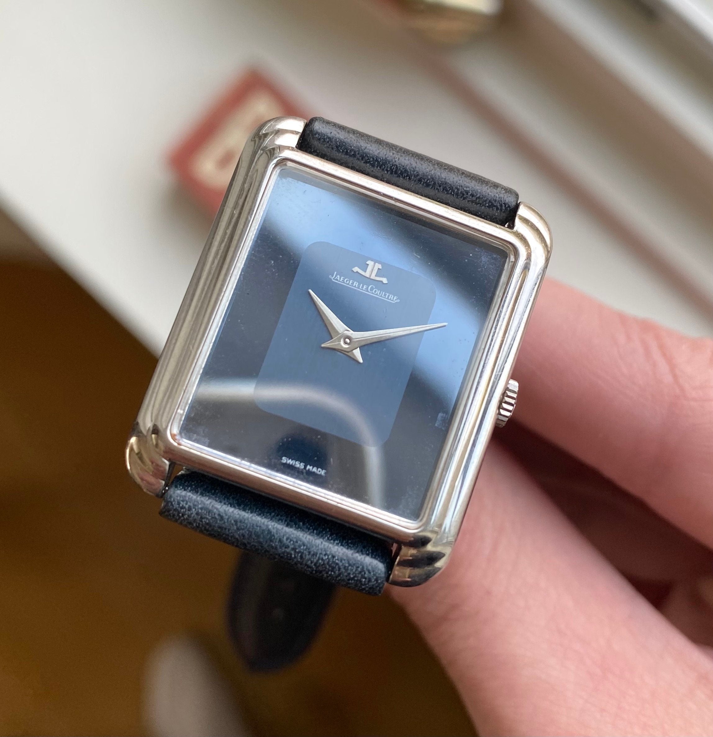 Jaeger LeCoultre Tank 70s Manual Wind Dark Blue Two Tone Glossy Dial Steel Watch