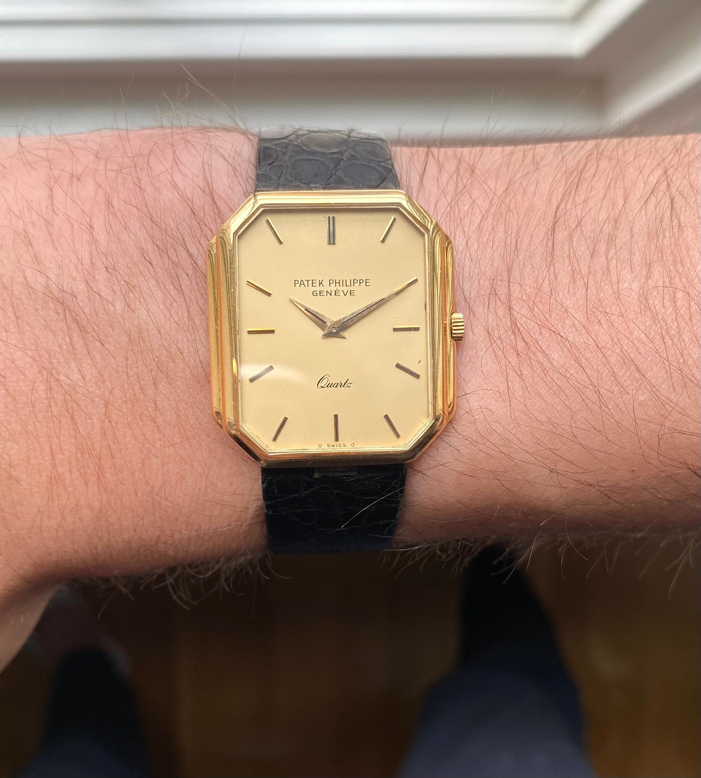 Vintage Patek Philippe 18K Yellow Gold Tank Quartz Matte Champagne Dial Watch