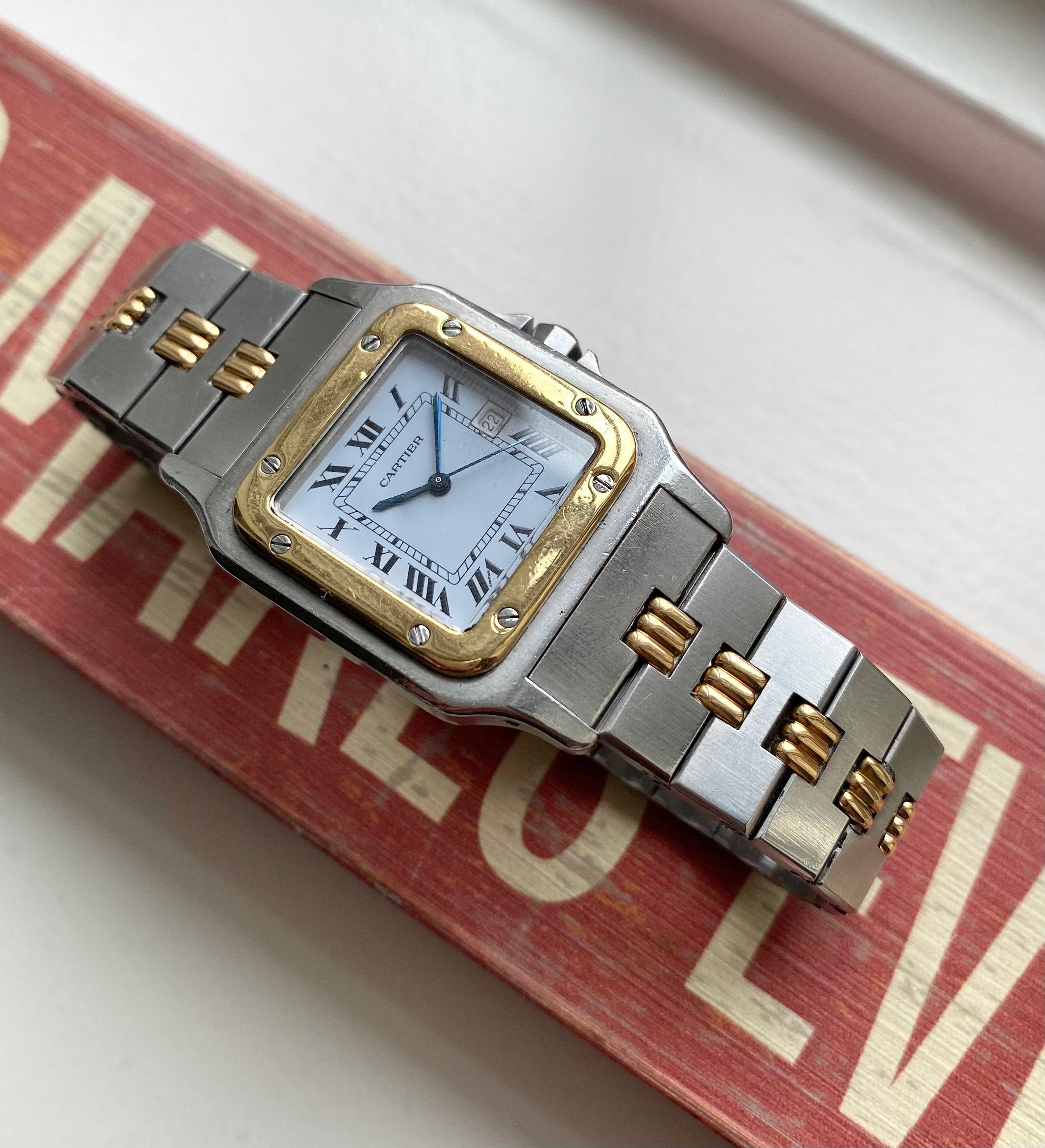 Vintage Cartier Santos 80s Automatic Two Tone White Roman Numeral Dial Watch