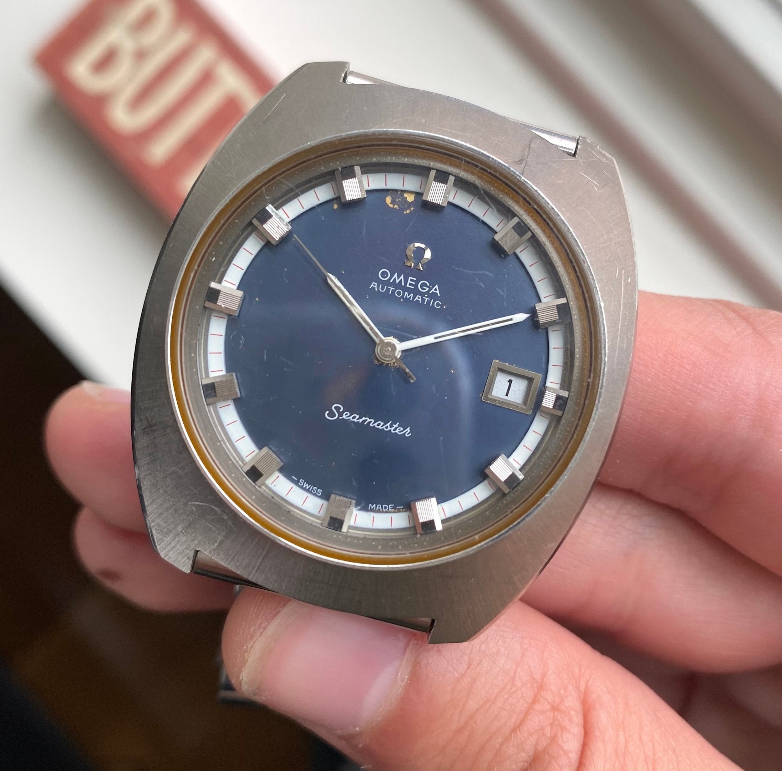 Vintage Omega Seamaster Automatic Ref. 166.110 Blue Dial Quickset Egg Case Watch