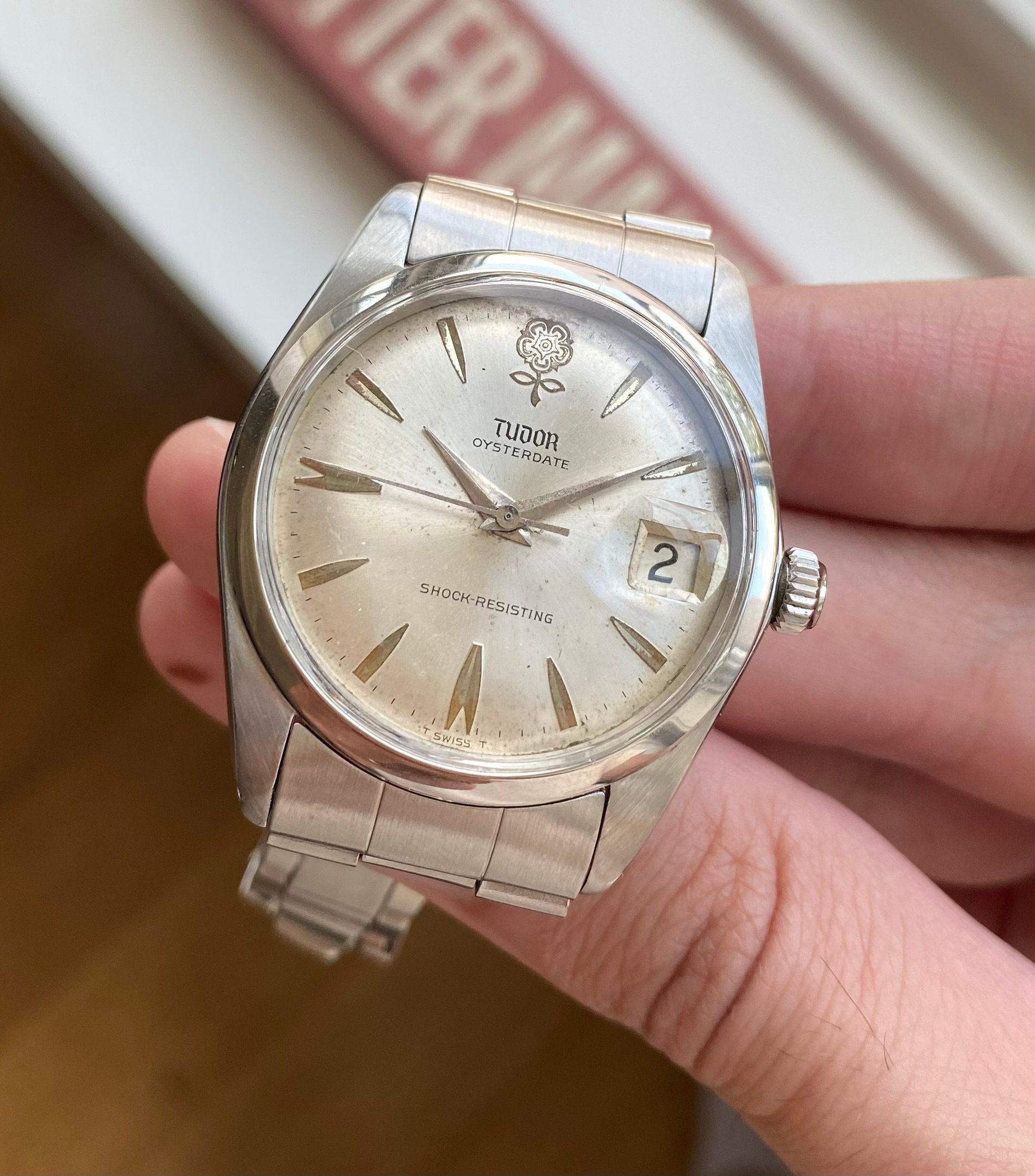 Vintage 60s Tudor Oysterdate Manual Wind Silver Rose Dial Oyster 34mm Watch