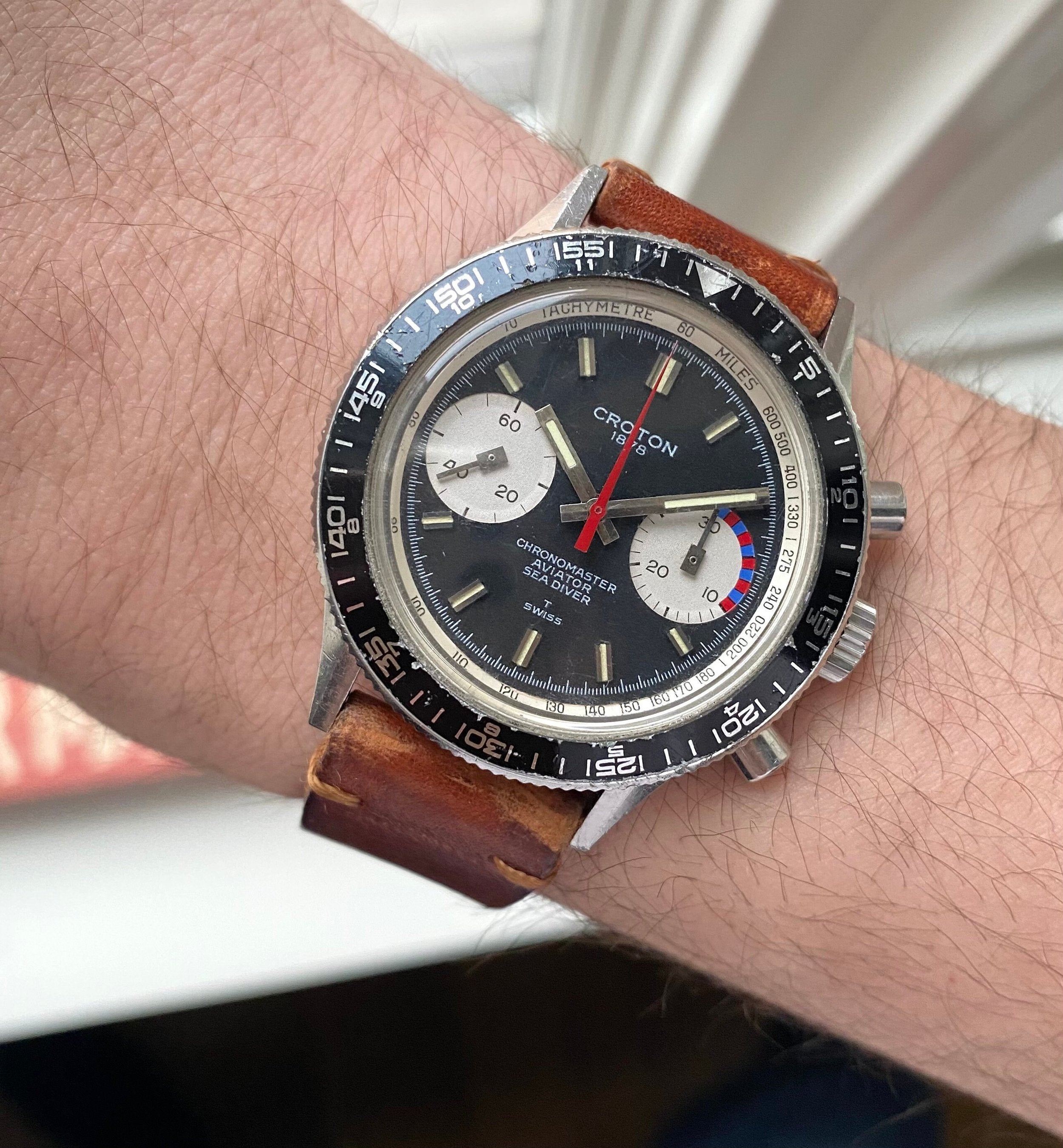 Vintage Croton Chronomaster Aviator Chronograph 70s Manual Wind Black Dial Steel Watch