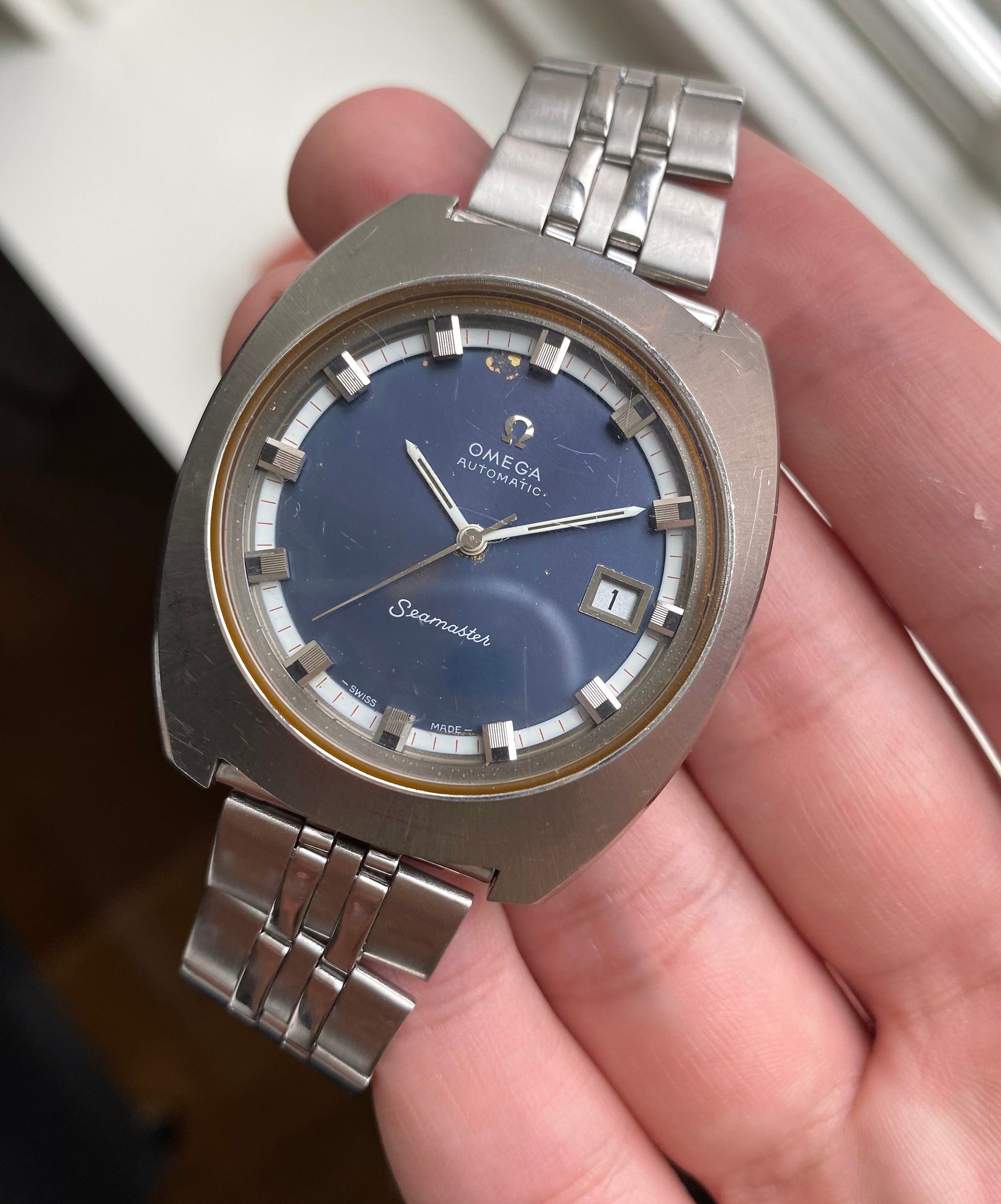 Vintage Omega Seamaster Automatic Ref. 166.110 Blue Dial Quickset Egg Case Watch