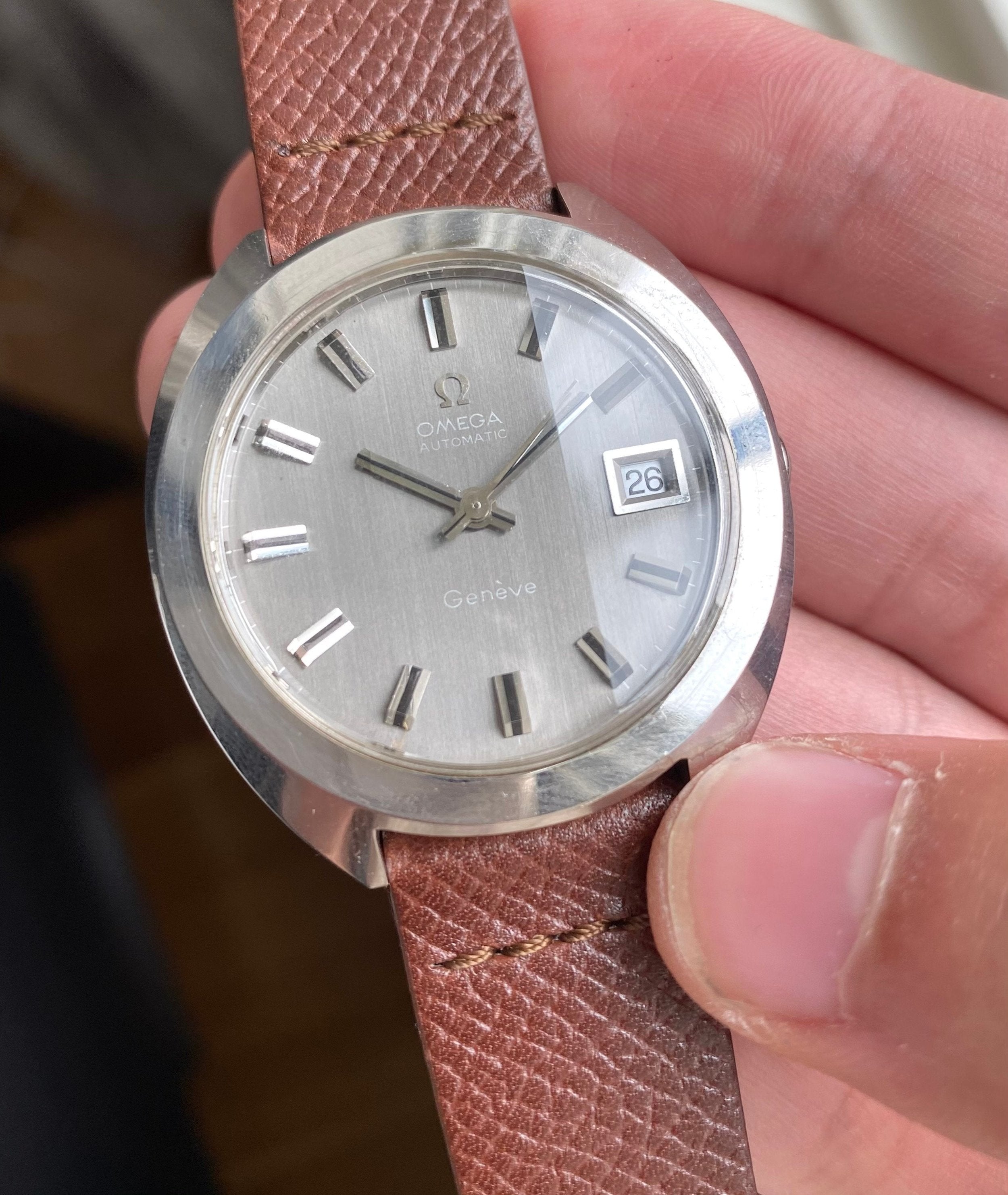 Vintage Omega Geneve Automatic Ref. ST166.721 Grey Dial "Mirror" Crystal Watch