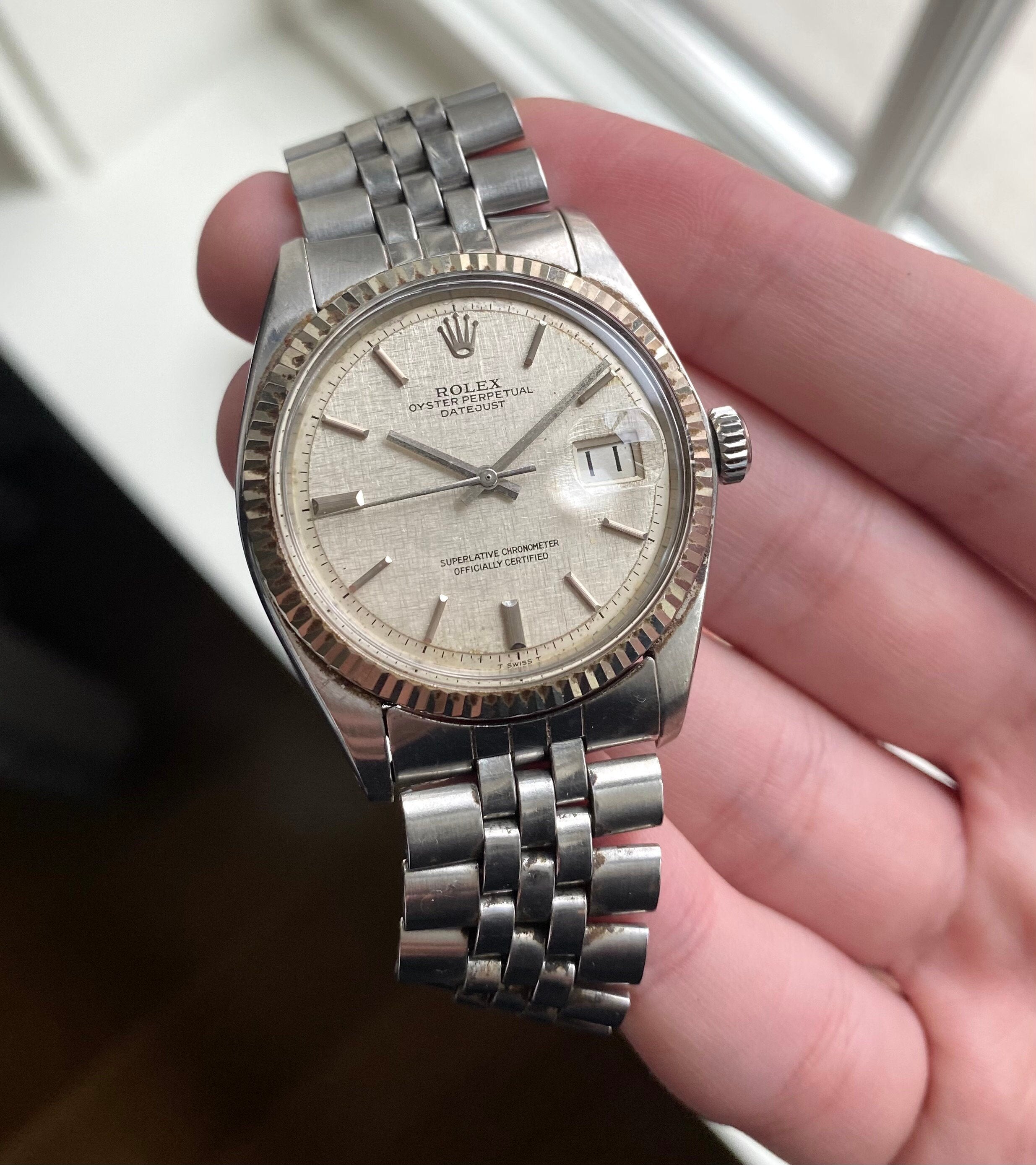 Vintage Rolex Datejust 1601 70s Automatic Silver No Lume Linen Dial 36mm Watch