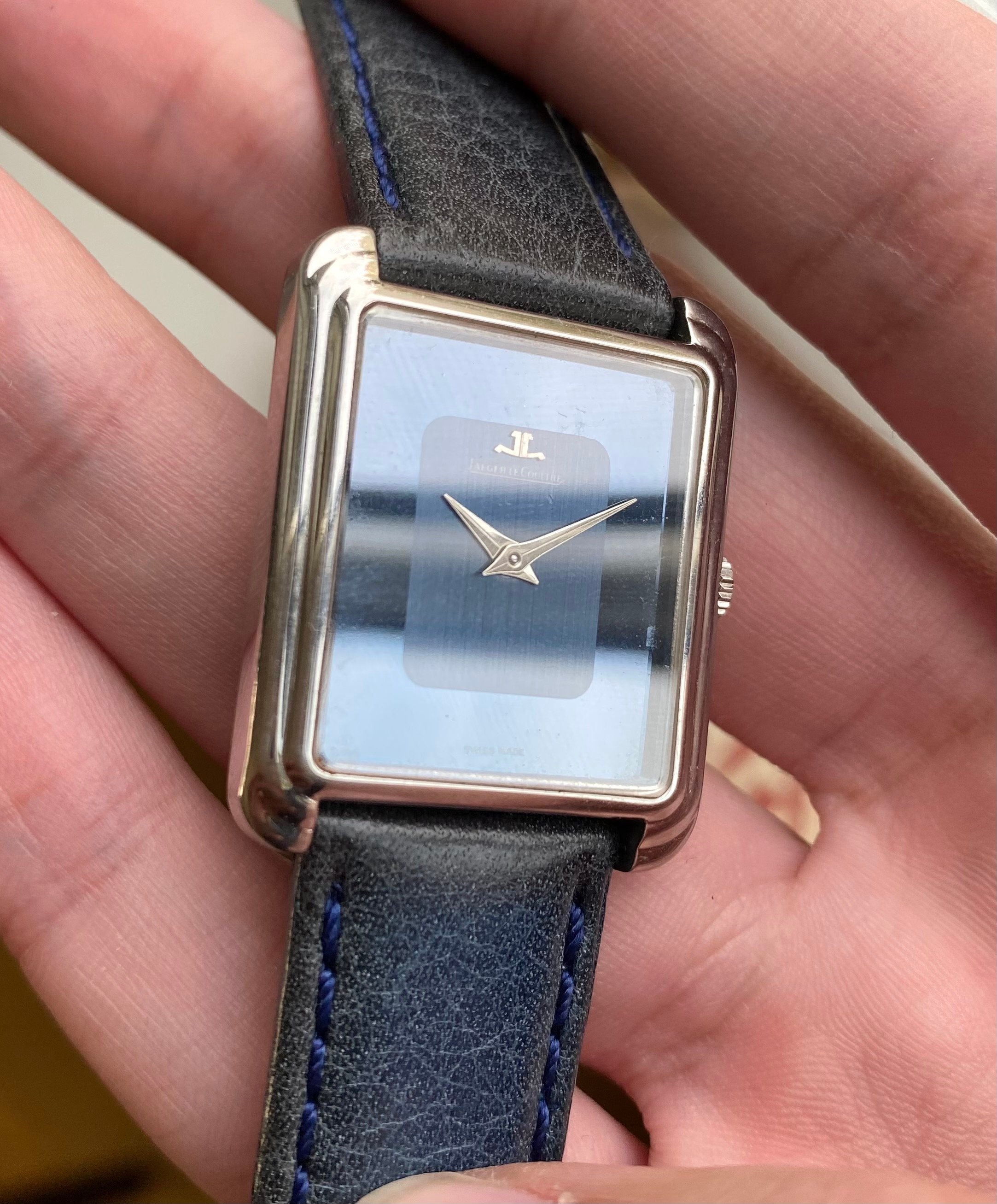 Jaeger LeCoultre Tank 70s Manual Wind Dark Blue Two Tone Glossy Dial Steel Watch